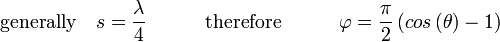 {rm{generally}}quad s = frac{lambda }{4}quad quad quad {rm{therefore}}quad quad quad varphi = frac{pi }{2}left( {cosleft( theta right) - 1} right)