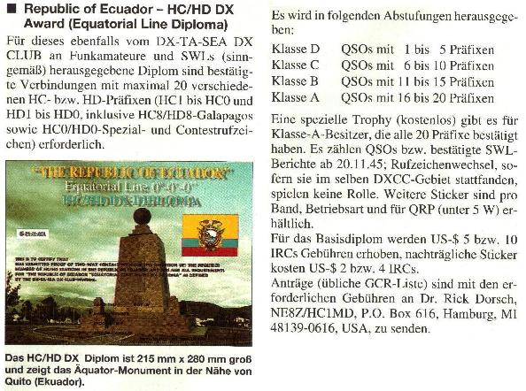 Ecuador Award ... aus funkamateur 07/00