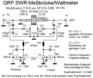 Schaltplan FSI-5 als QRP-SWR-Wattmeter