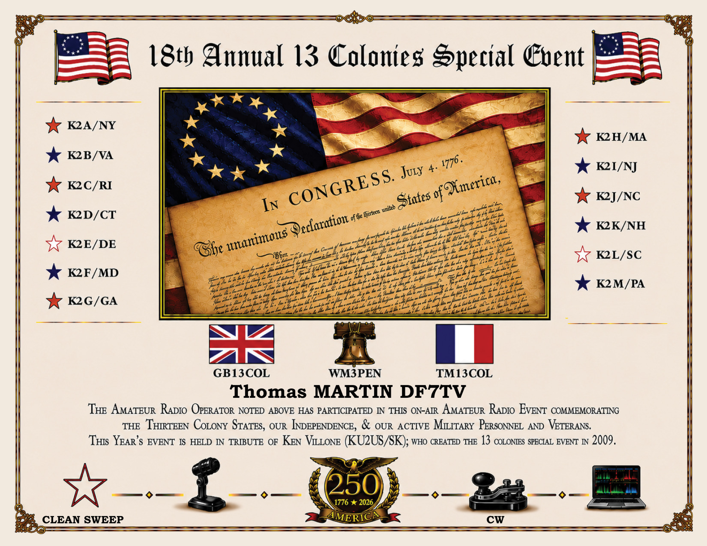 13 Colonies 2026 certificate of DF7TV