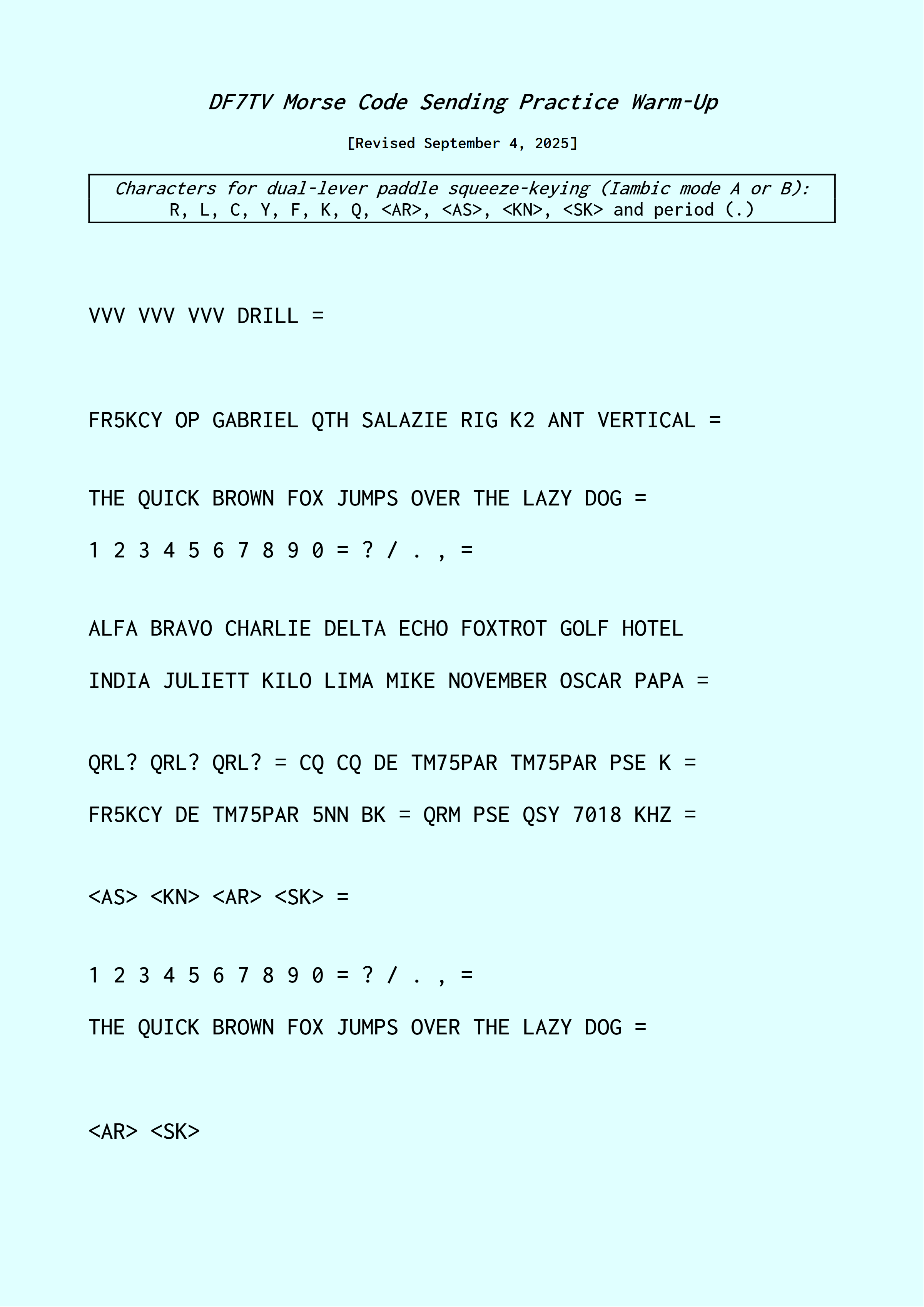 DF7TV Morse Code Sending Practice Warm-Up File