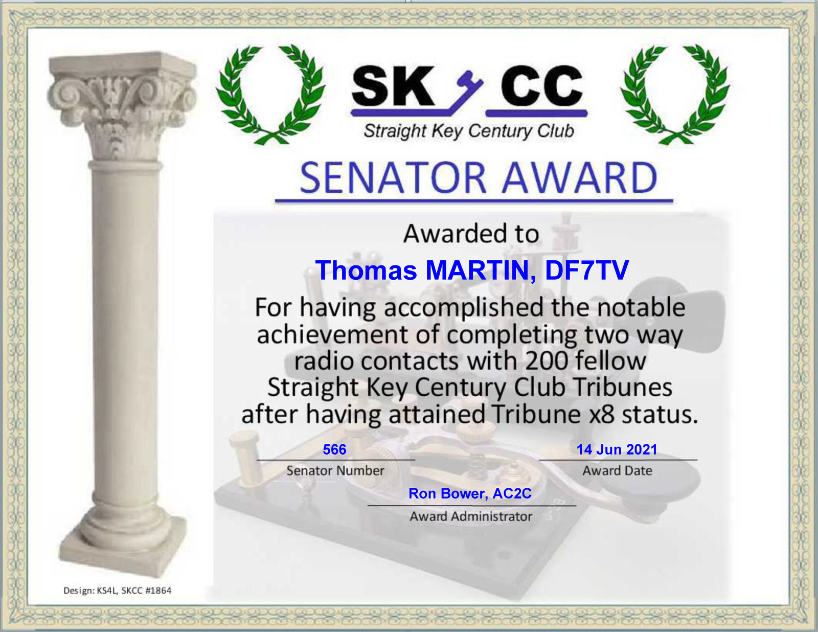SKCC Senator award of DF7TV