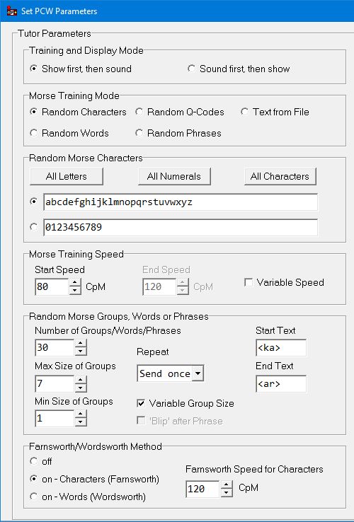 Left panel of Set PCW Parameters window