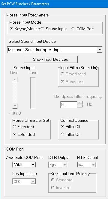 Left panel of Parameter Window