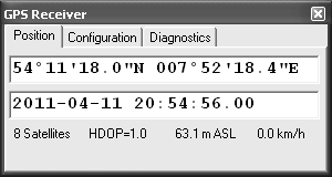 Screenshot of the GPS Receiver Control Panel