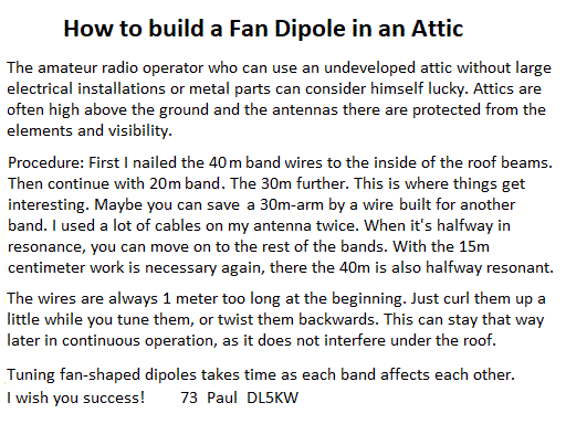 Construction tips for a fan dipole antenna in an attic