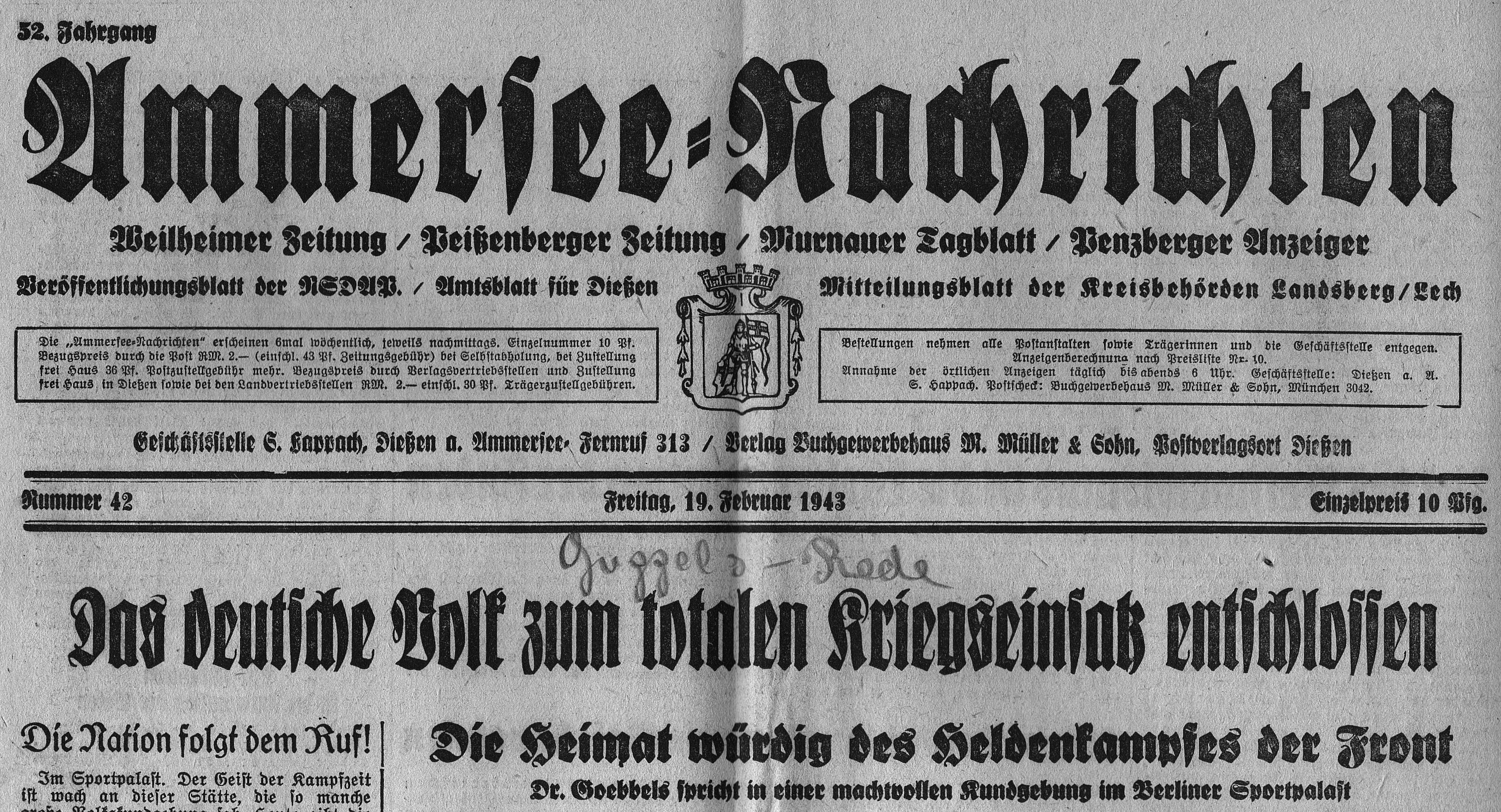 Ammersee-Nachrichten vom 19.2.1943, Privatbesitz