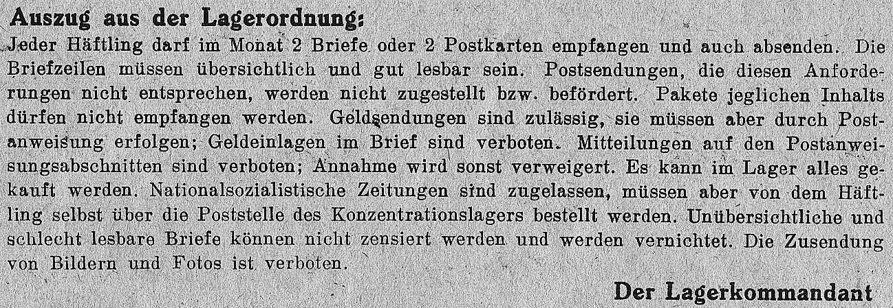 Abbildung 225: Auszug-Lagerordnung für Post-sendungen, Buchenwald-Weimar, Privatbesitz