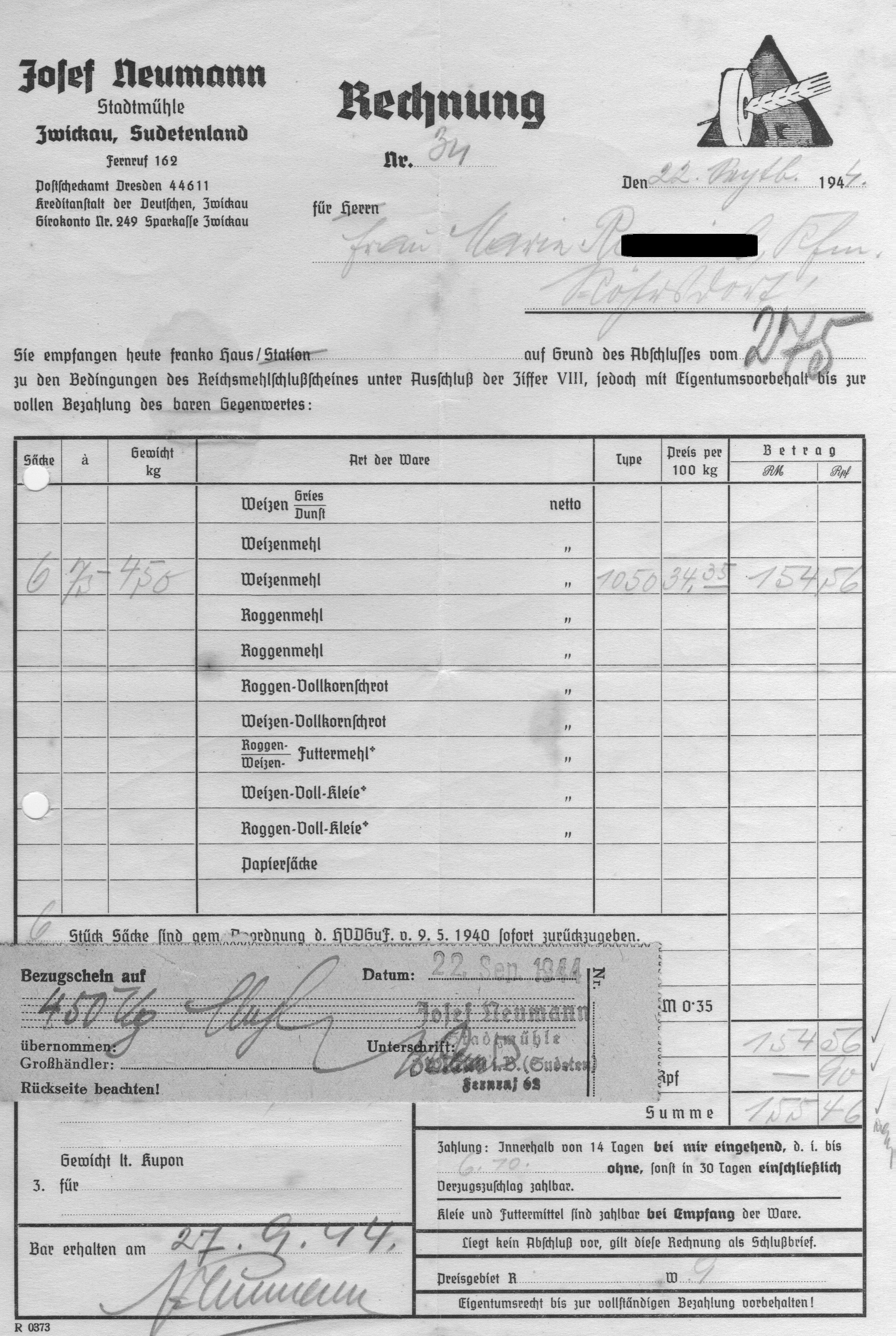 Beispiel eines Bezugscheins, 22.9.1944, Privatbesitz