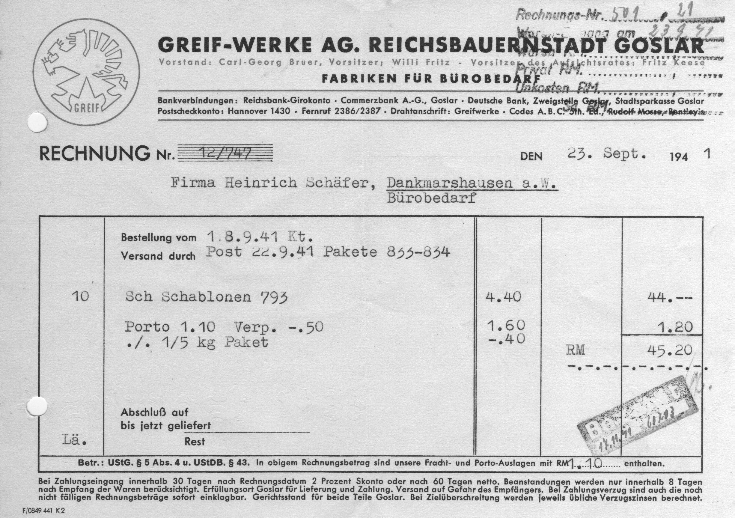 Vergleichs-Rechnung Greif-Werke AG vom 23.9.1941, gekauft wurden 10 Schachteln Schablonen à 10 Stück zu 44.- RM, Stückpreis 44 Pf., Privatbesitz
