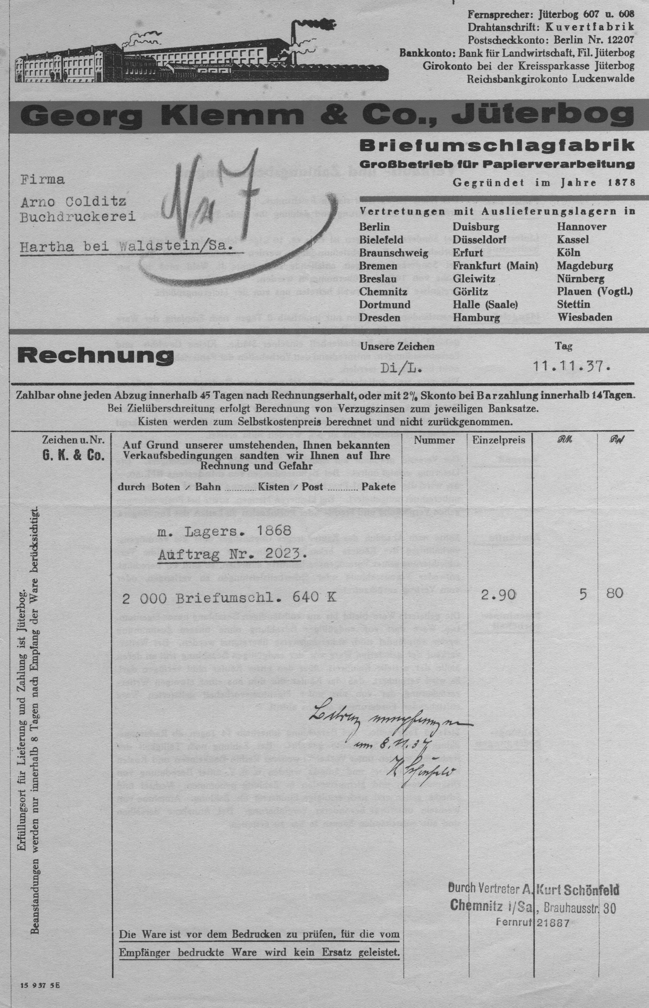 Vergleichs-Rechnung vom 11.11.1937, 2000 Briefumschläge zum EK von 5,80 RM, ein Briefumschlag 0,29 Pf., Privatbesitz