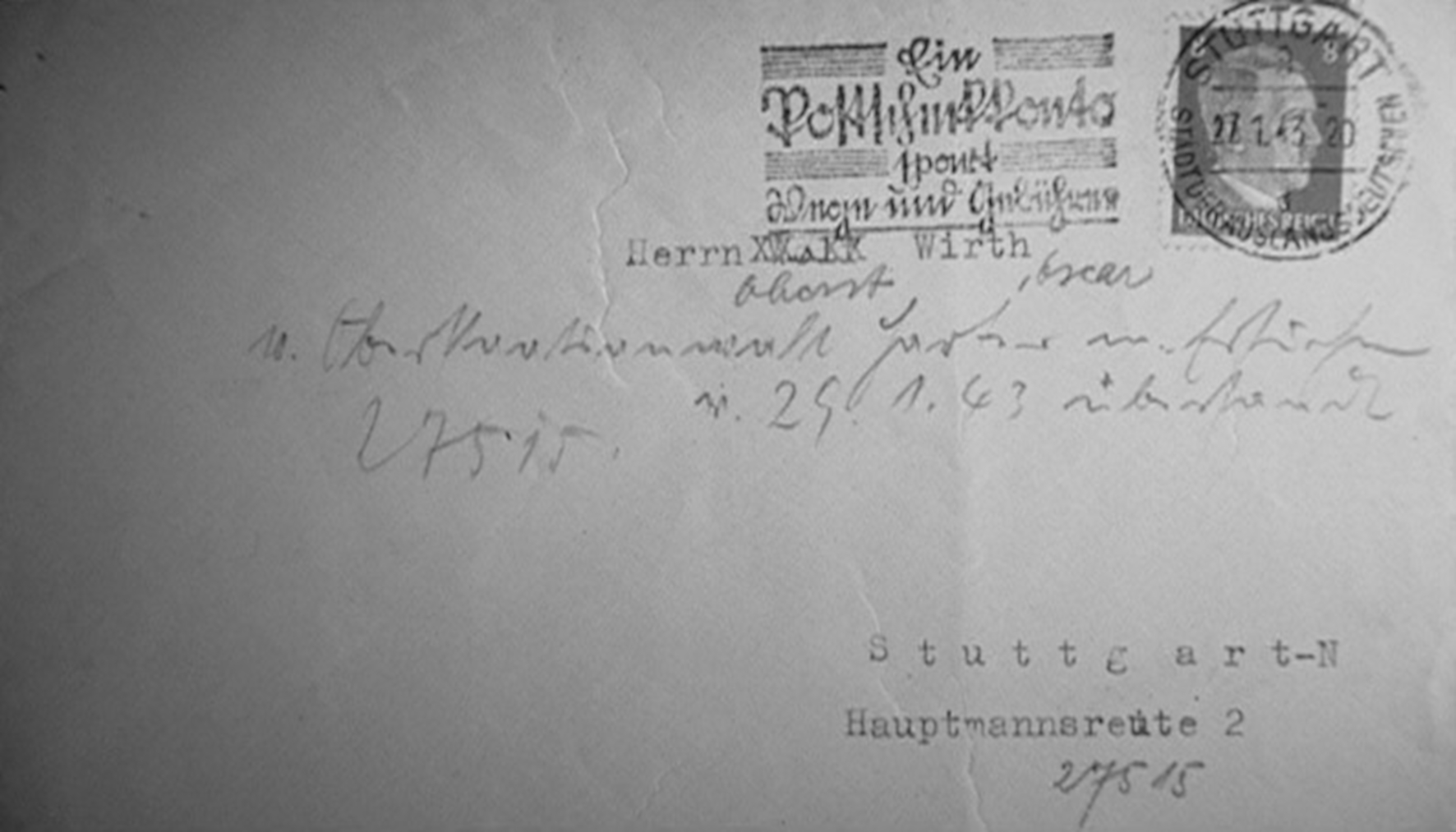 Umschlag vom 27.1.1943, geschrieben in Ulm, für Stuttgart auf Schreibmaschine Olympia, © Katrin Seybold, Dokumentations-DVD