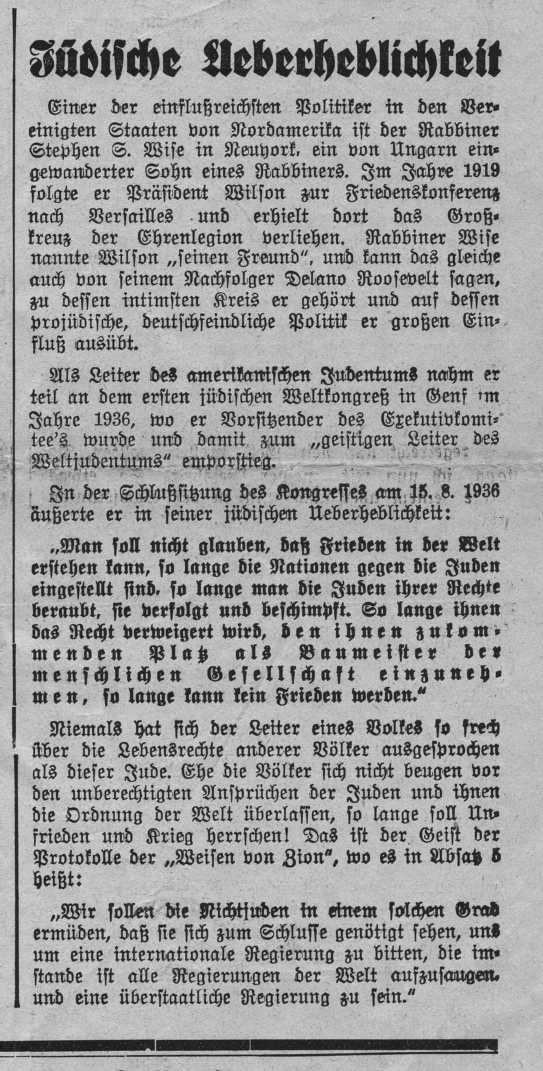 Ausschnitt der Originalausgabe "Der Stürmer", "Jüdische Rachepläne" vom 23. Juli 1942, 20. Jahr, Nummer 30 der Wochenausgabe im Jahre 1942, Ausschnitt Seite 4, Privatbesitz