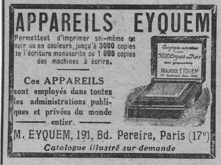EYQUEM, Werbung erschienen 1920, Zeitschrift LECTURE pour TOUS, Privatbesitz