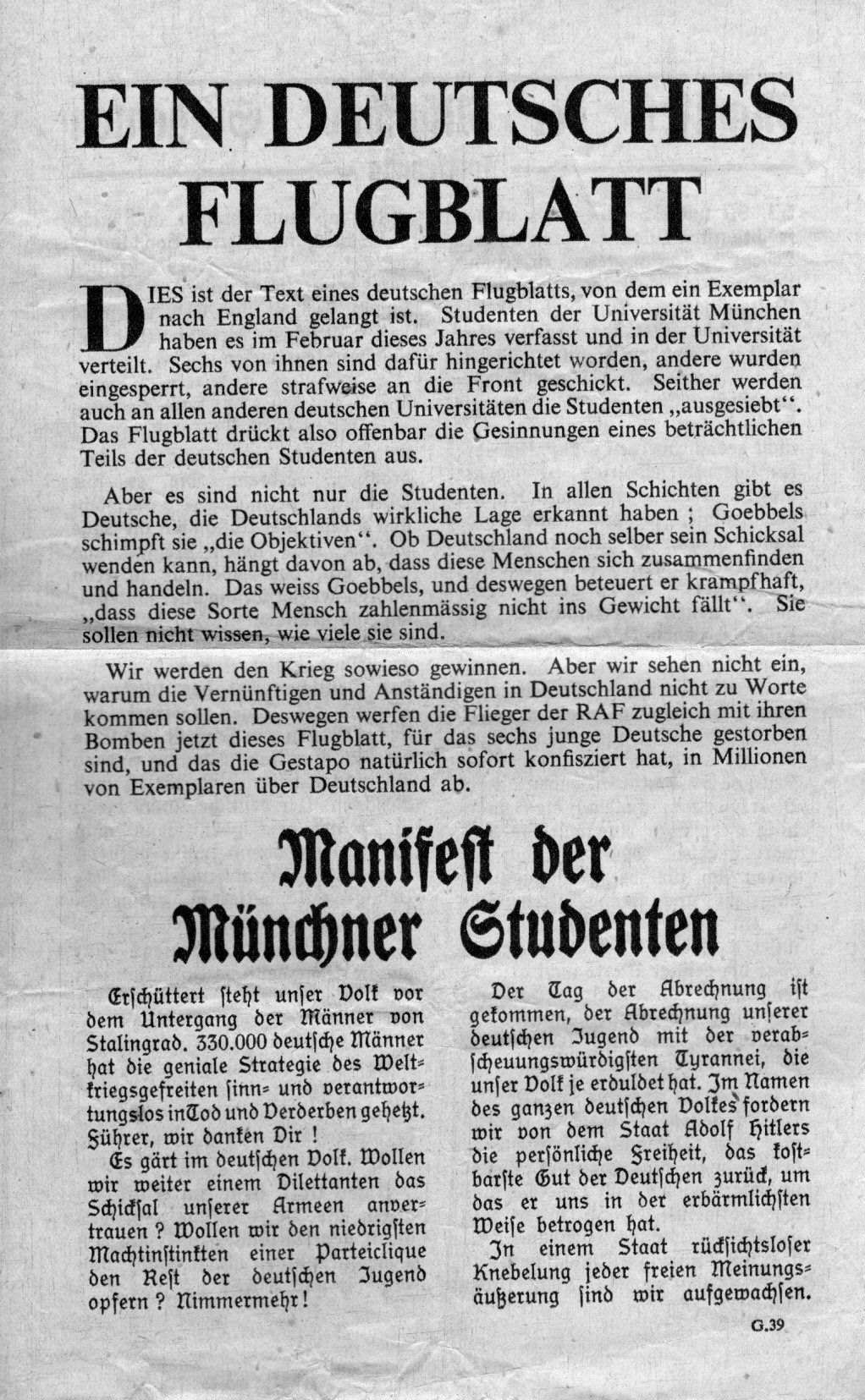 Alliierten-Flugblatt G.39 Vorderseite, Privatbesitz