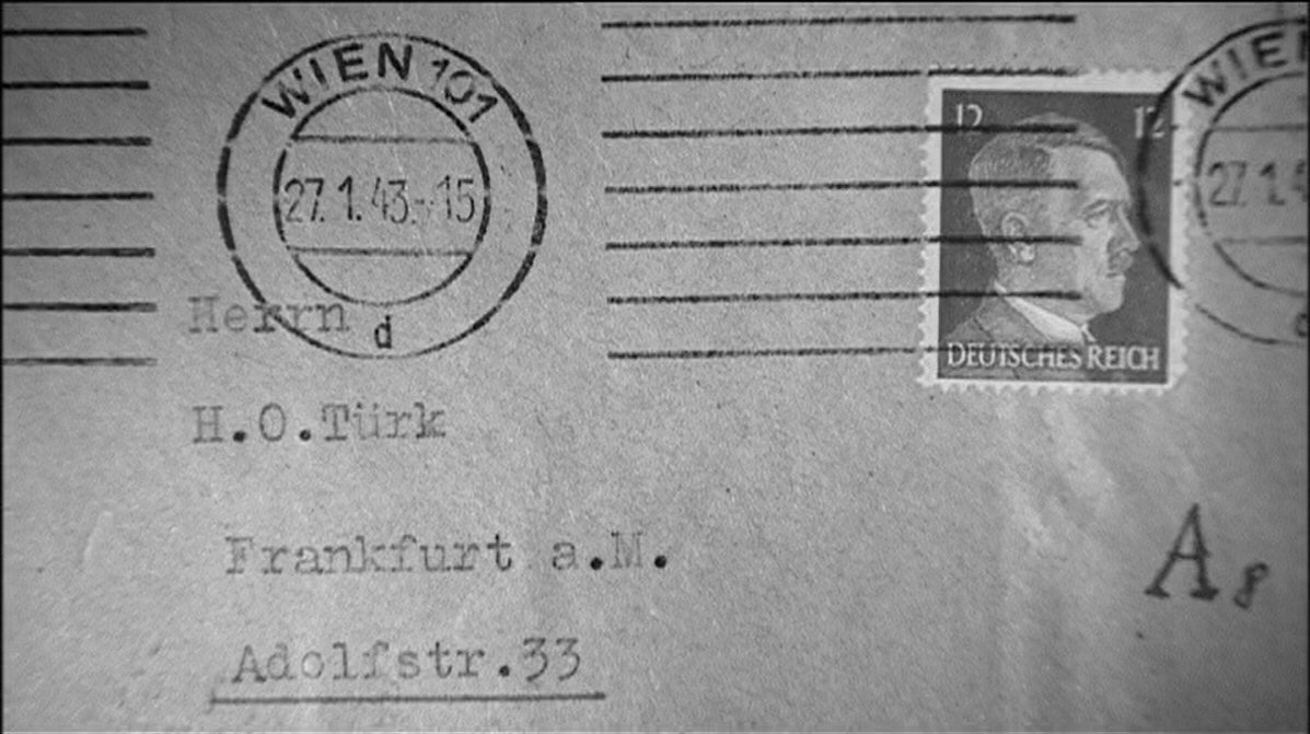 Umschlag vom 27.1.1943, wegen der rechtsseitigen Einrückung vermutlich geschrieben von Sophie Scholl für Frankfurt auf Erika 6, © Katrin Seybold, Dokumentations-DVD
