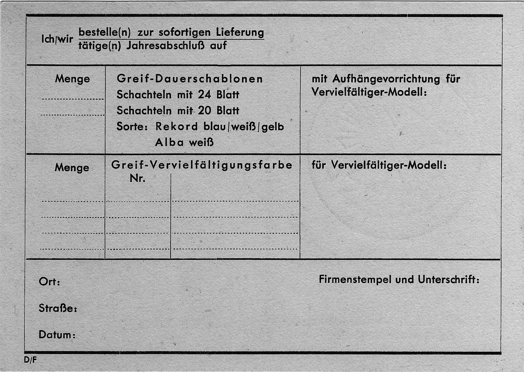 Greif-Werke AG, Reichsbauernstadt Goslar Fabriken für Bürobedarf, Bestellschein Greif-Dauerschablonen, Privatbesitz