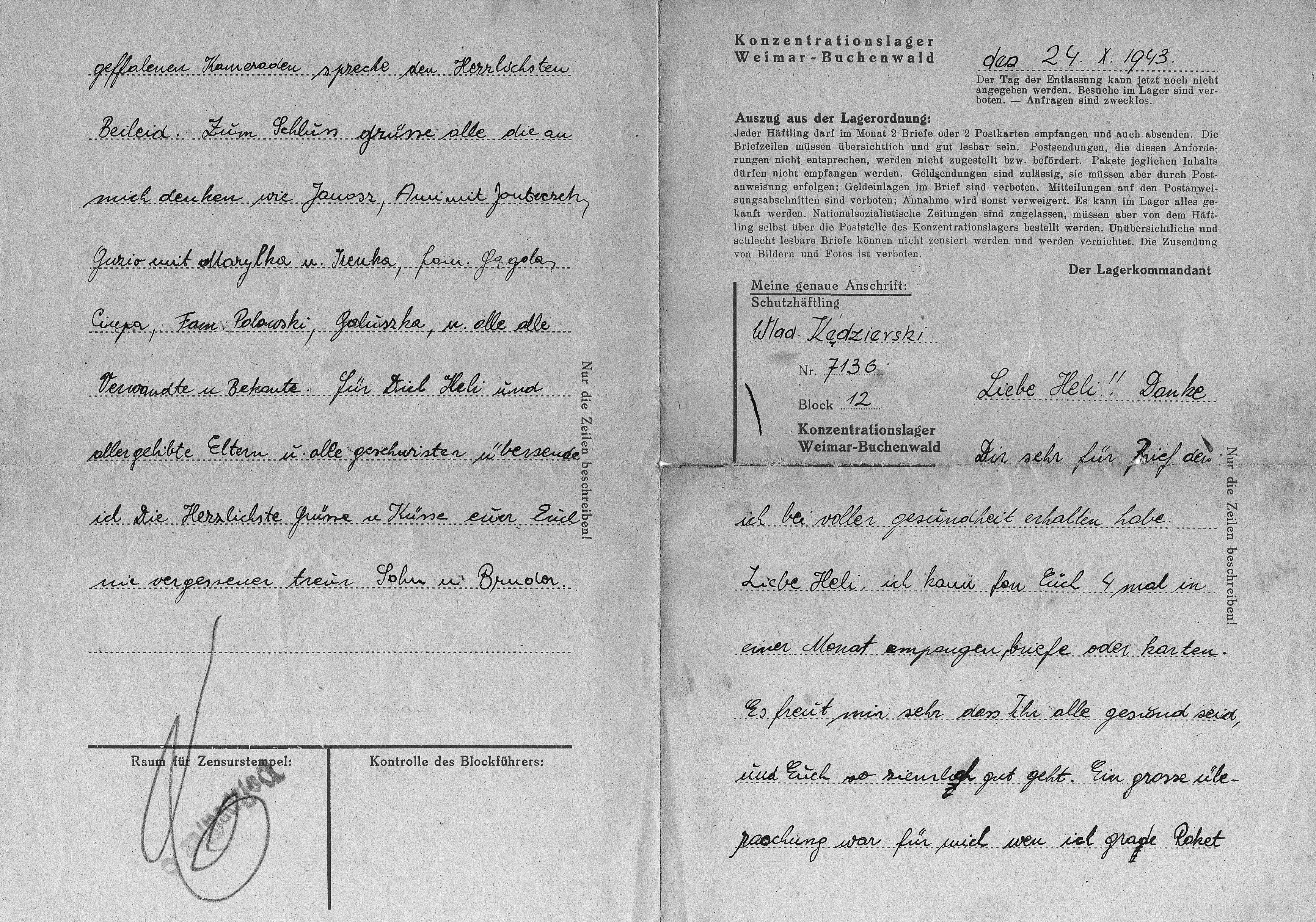 Brief von Władysław Kędzierski aus dem Konzentrationslager Buchenwald-Weimar, Vorderseite, © Privatbesitz
