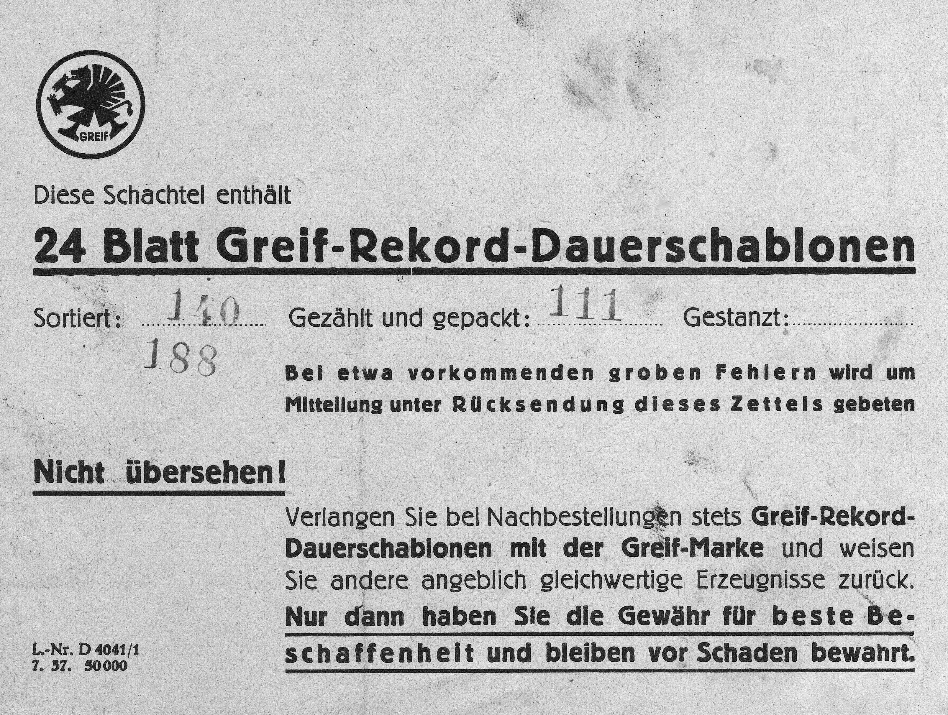 Kontrollblatt (Zettel) Greif-Rekord-Dauerschablonen. Auch hier wird wieder jeweils der Begriff Scha­blone bzw. Greif-Rekord-Dauerschablonen verwendet. Die Hersteller von Schablonen hielten am Begriff Schablone bzw. Stencil weltweit fest.