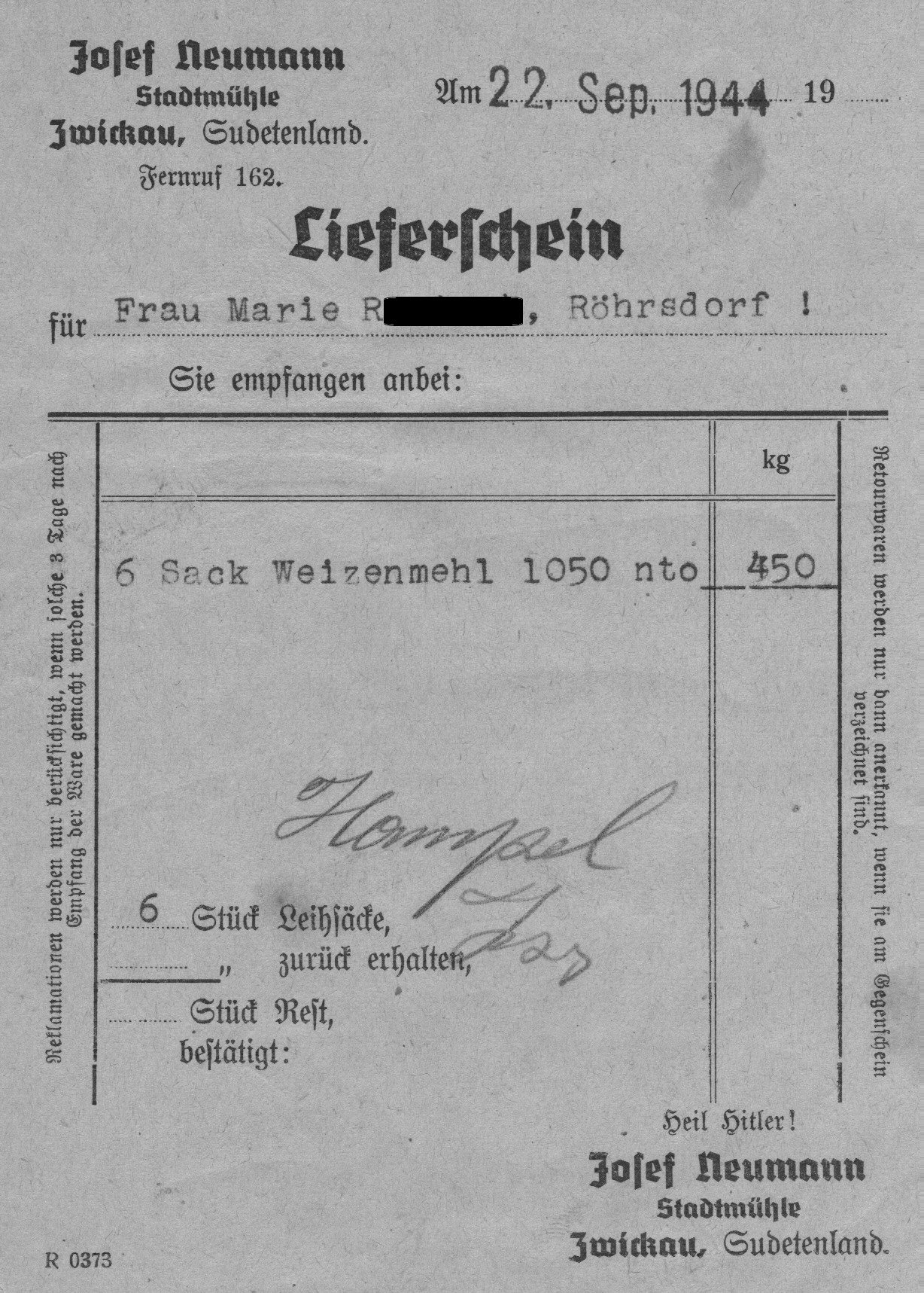 Lieferschein für Bezugschein vom 22.9.1944, Privatbesitz