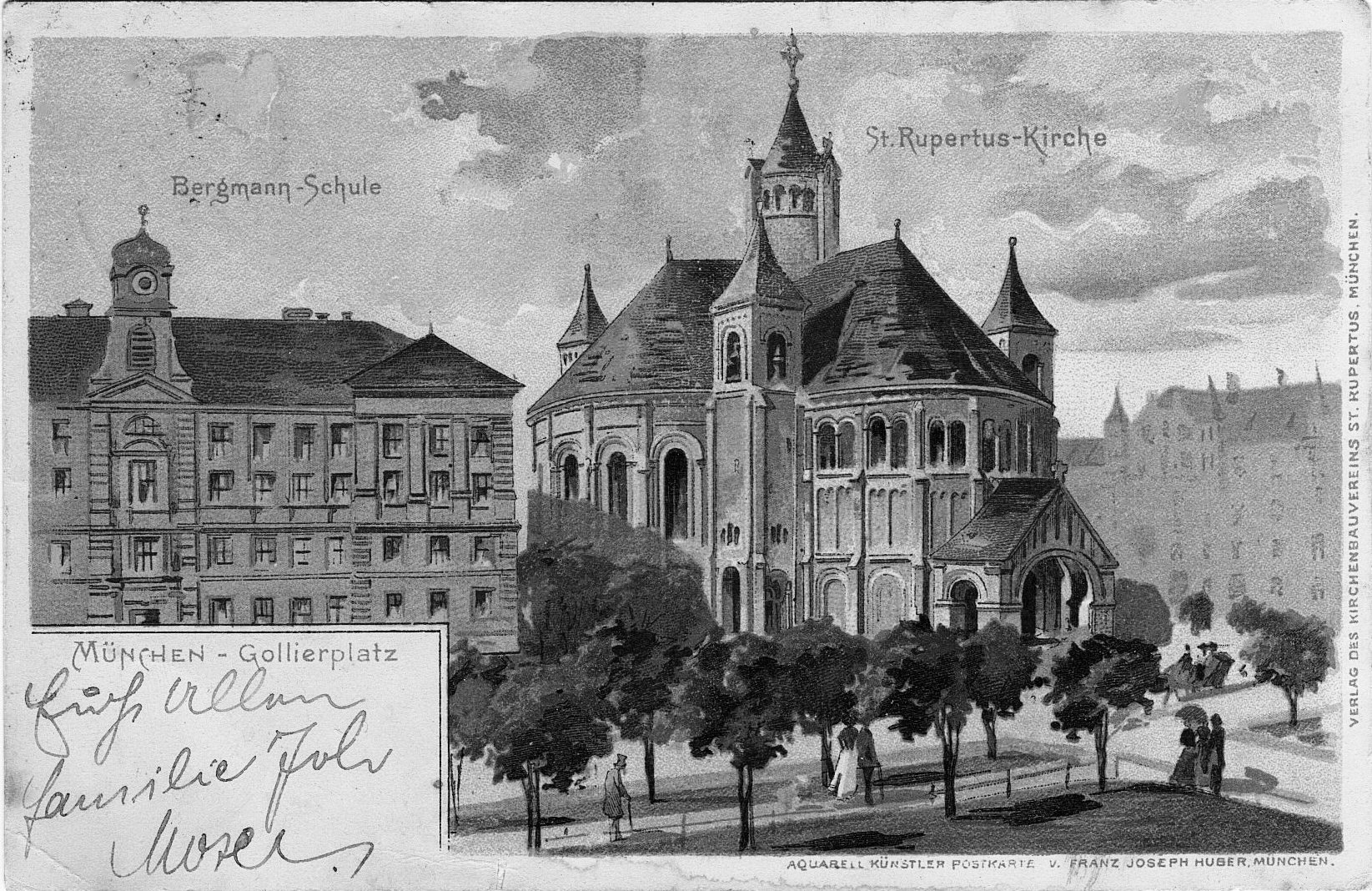 Bergmann-Schule, Gollierplatz und St. Rupertus-Kirche, Postkarte gelaufen 11.8.1910, Privatbesitz