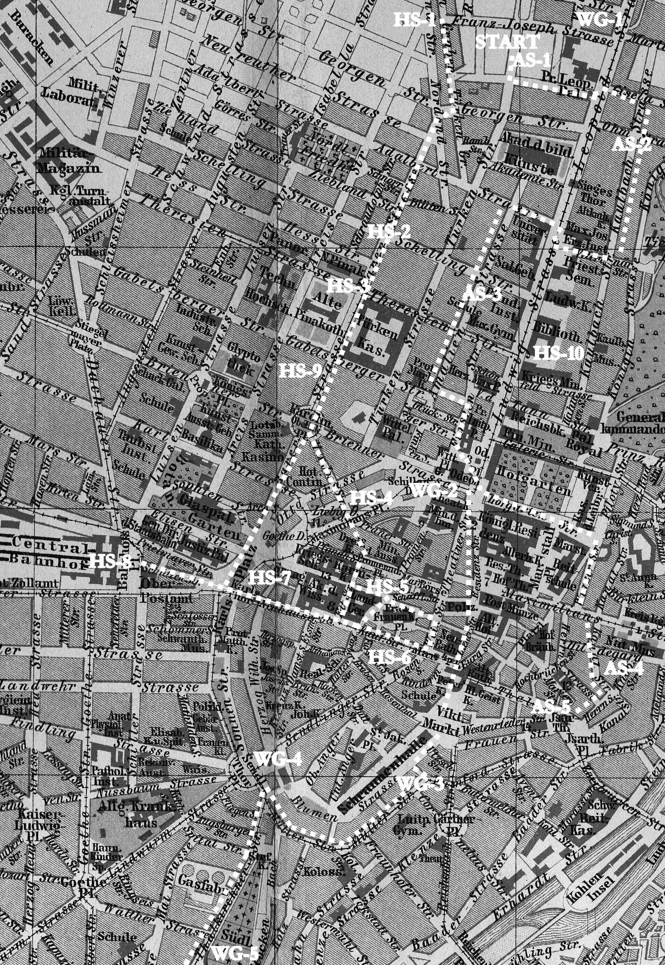 München Stadtkarte von 1894, Routen angebrachter Wandparolen in den Nächten 3./4.2.1943, 8./9.2.1943, 15./16.2.1943, Privatbesitz