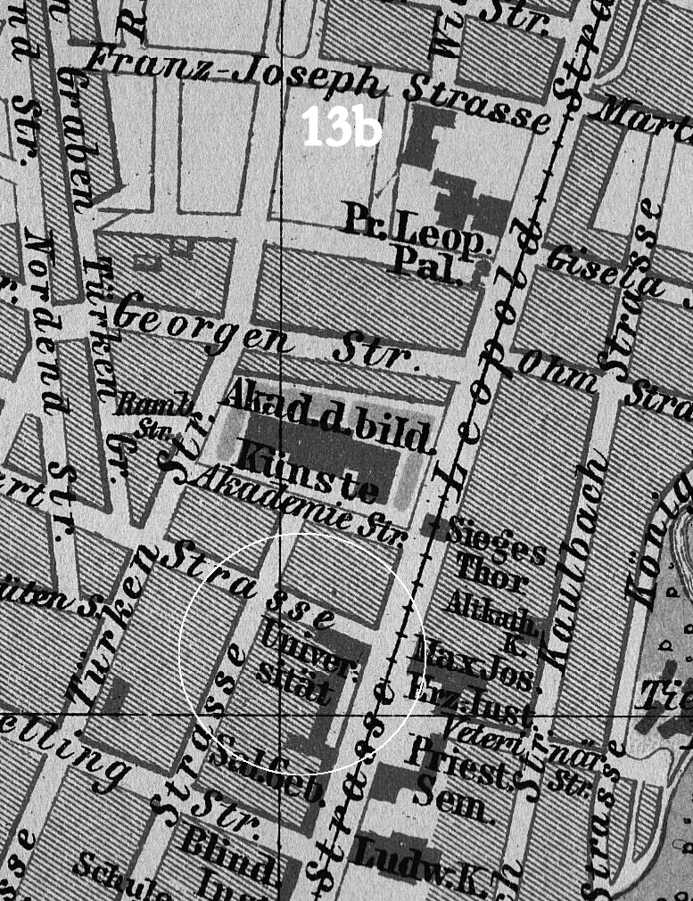 München Stadtkarte von 1894, Franz-Joseph-Strasse 13b, Entfernung zur Universität etwa 1000 Meter, Privatbesitz