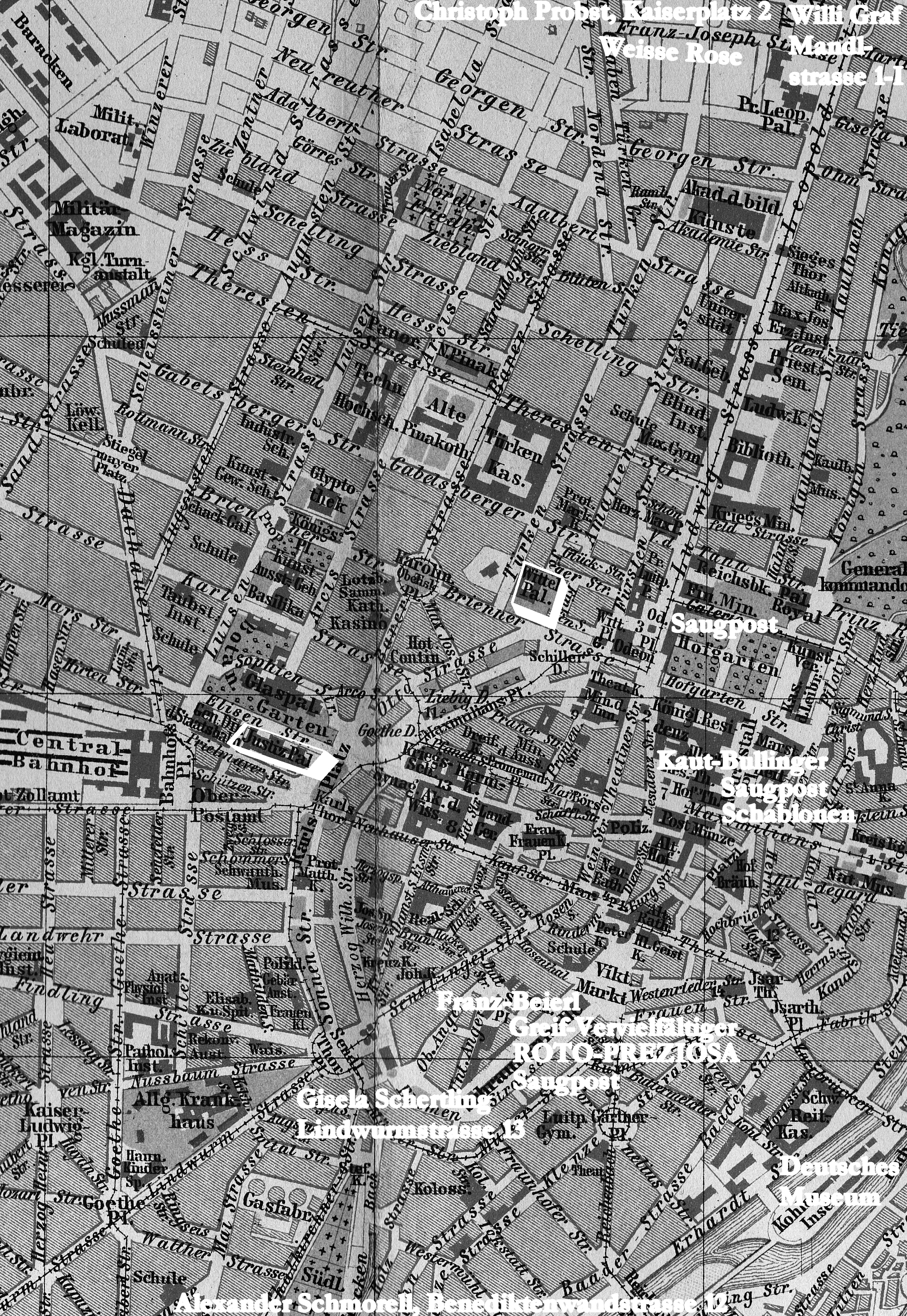 München Stadtkarte von 1894, Wohnorte, Einkaufsquellen und historische Gebäude, Privatbesitz