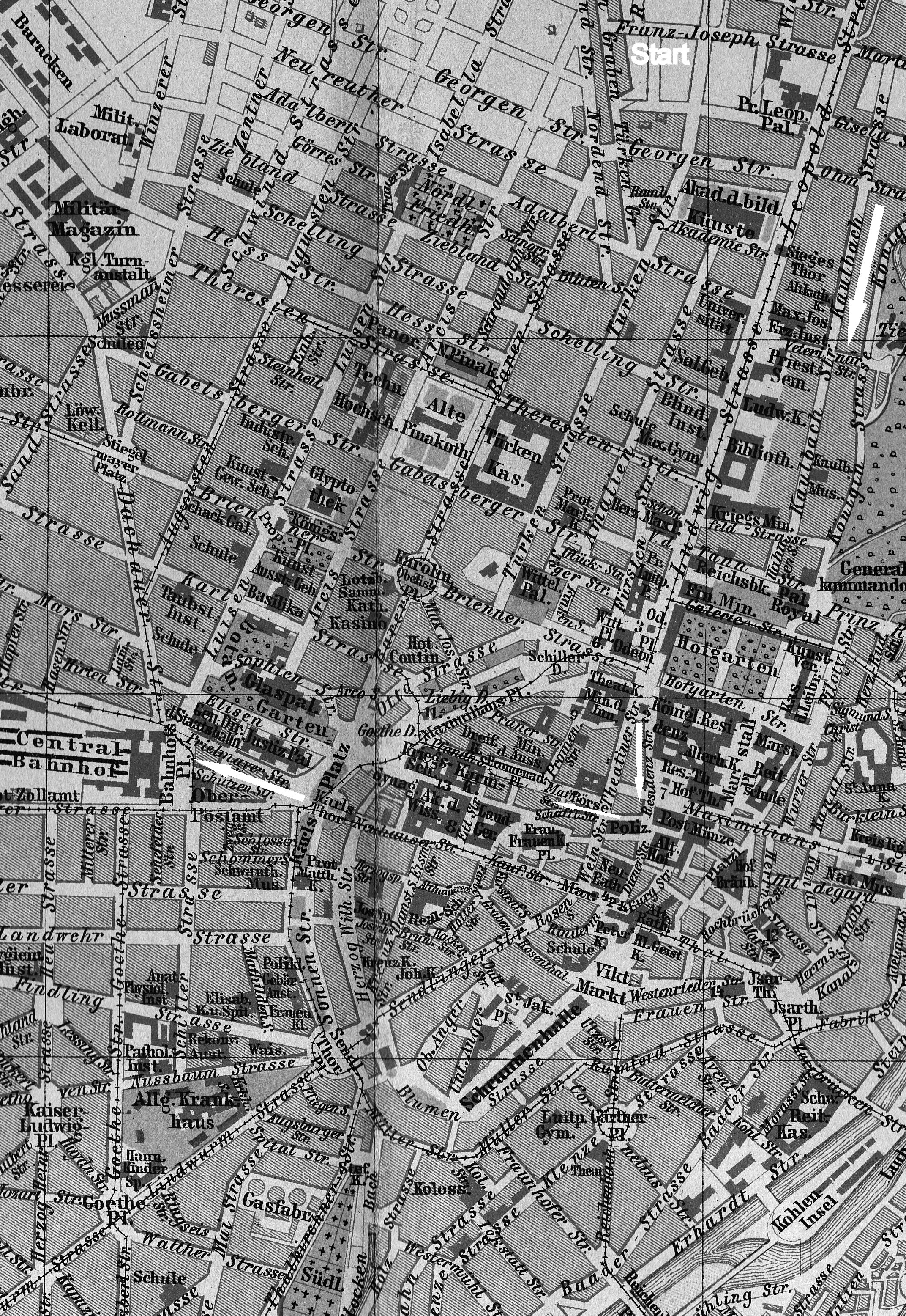 München Stadtkarte von 1894, Route Postversand 15./16.2.1943 Hans Scholl, Alexander Schmorell, Willi Graf, Privatbesitz