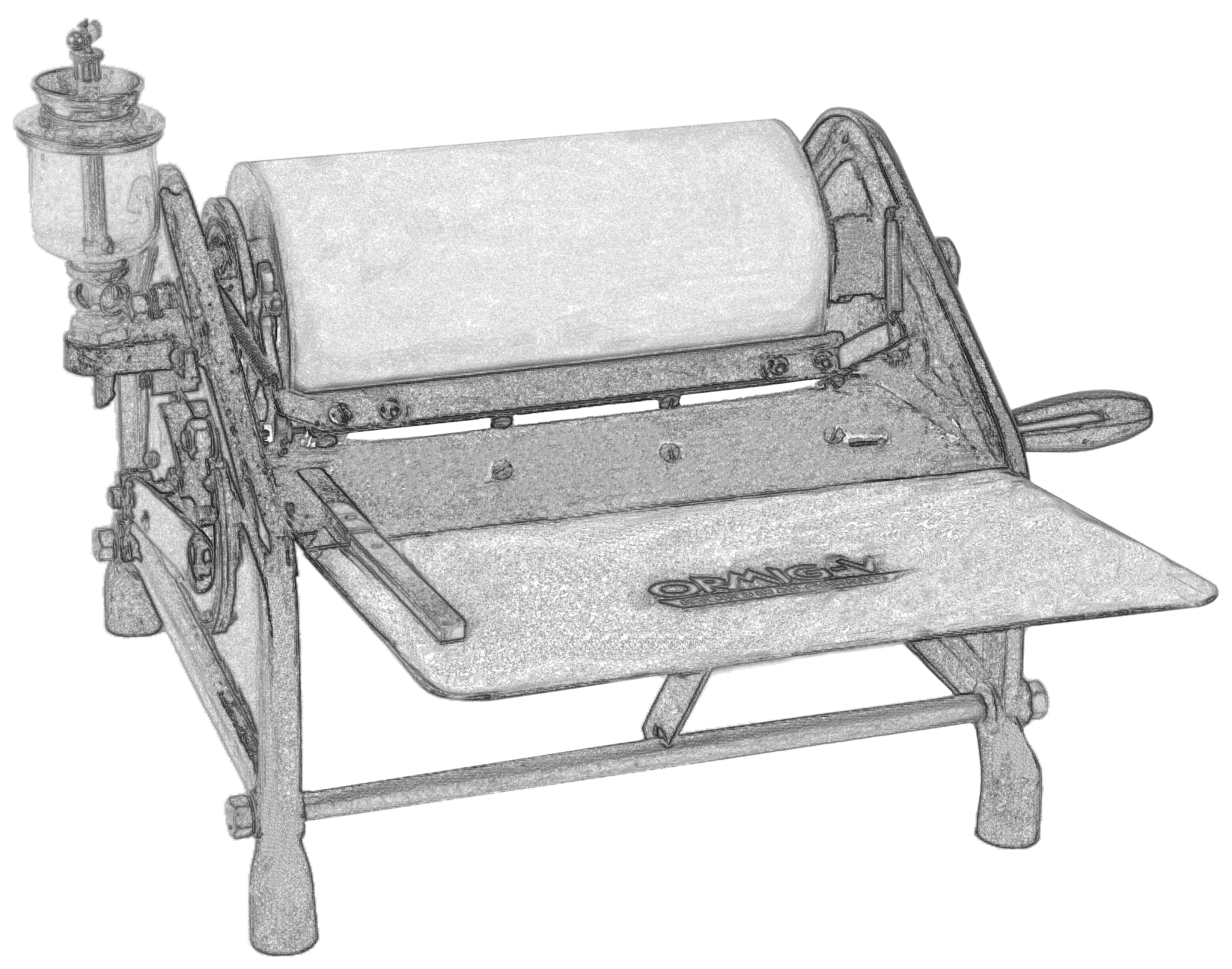 Matrizendrucker ORMIG-V, mit Papierzuführungsblech, rechts Kurbel und linksseitiges Gefäss für Spiritus, in der Mitte die Drucktrommel, Privatedition