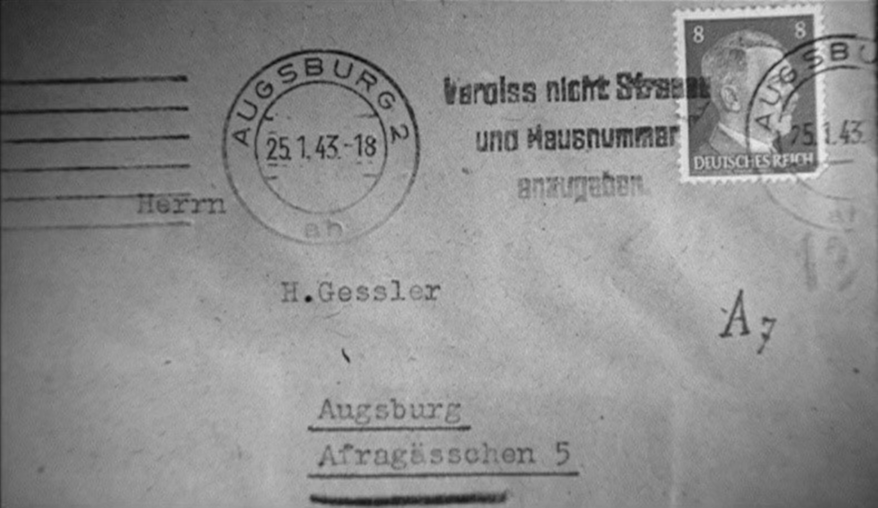 Umschlag vom 25.1.1943, sehr wahrscheinlich wegen der Einrückung geschrieben von Sophie Scholl für Augsburg auf Erika 6, © Katrin Seybold, Dokumentations-DVD
