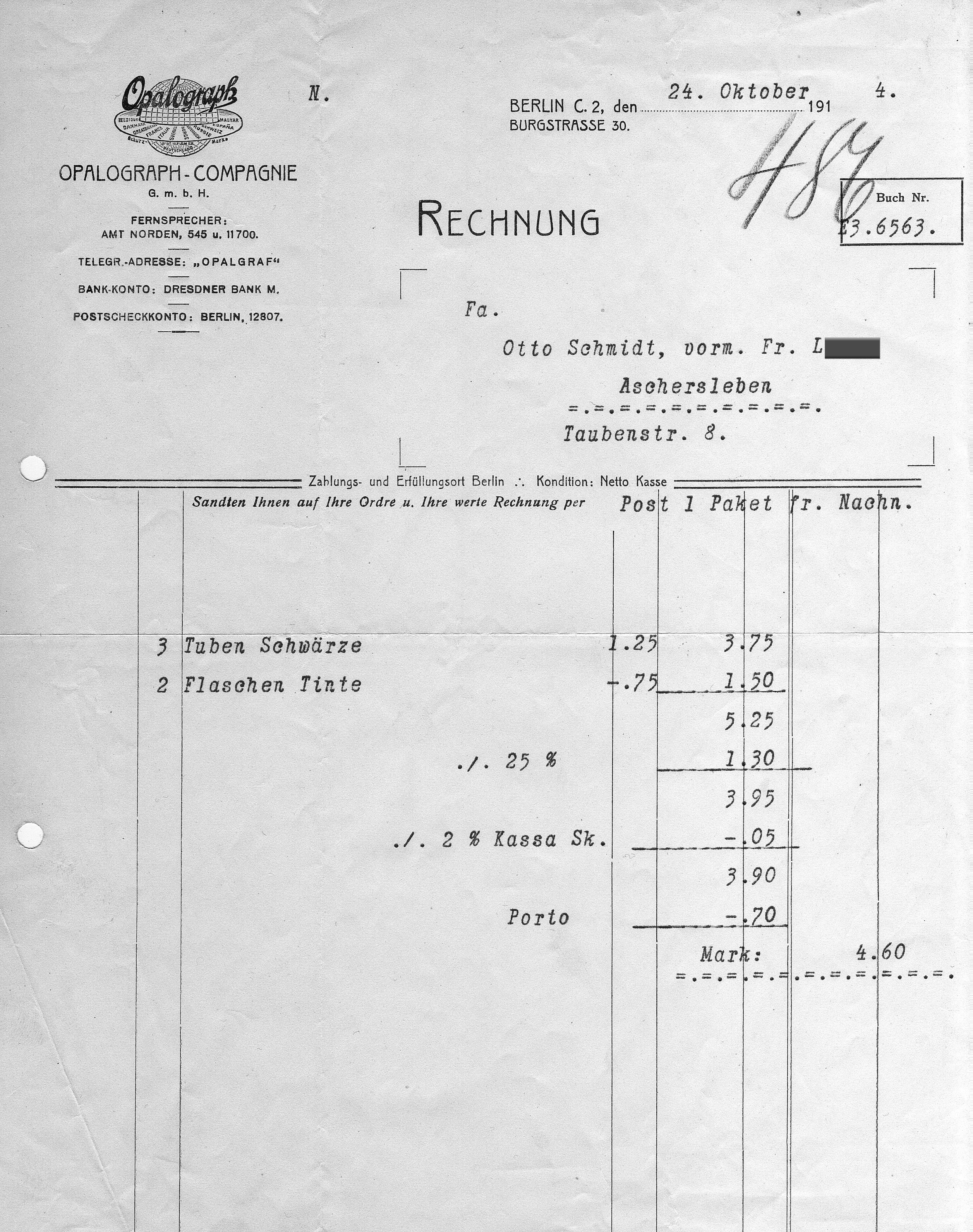 Vergleichs-Rechnung OPALOGRAPH COMPAGNIE vom 24.11.1914 über einen Kauf von fetthaltiger Vervielfältigungsfarbe und Spezialtinte für die Vervielfältigungsvorlage, Privatbesitz