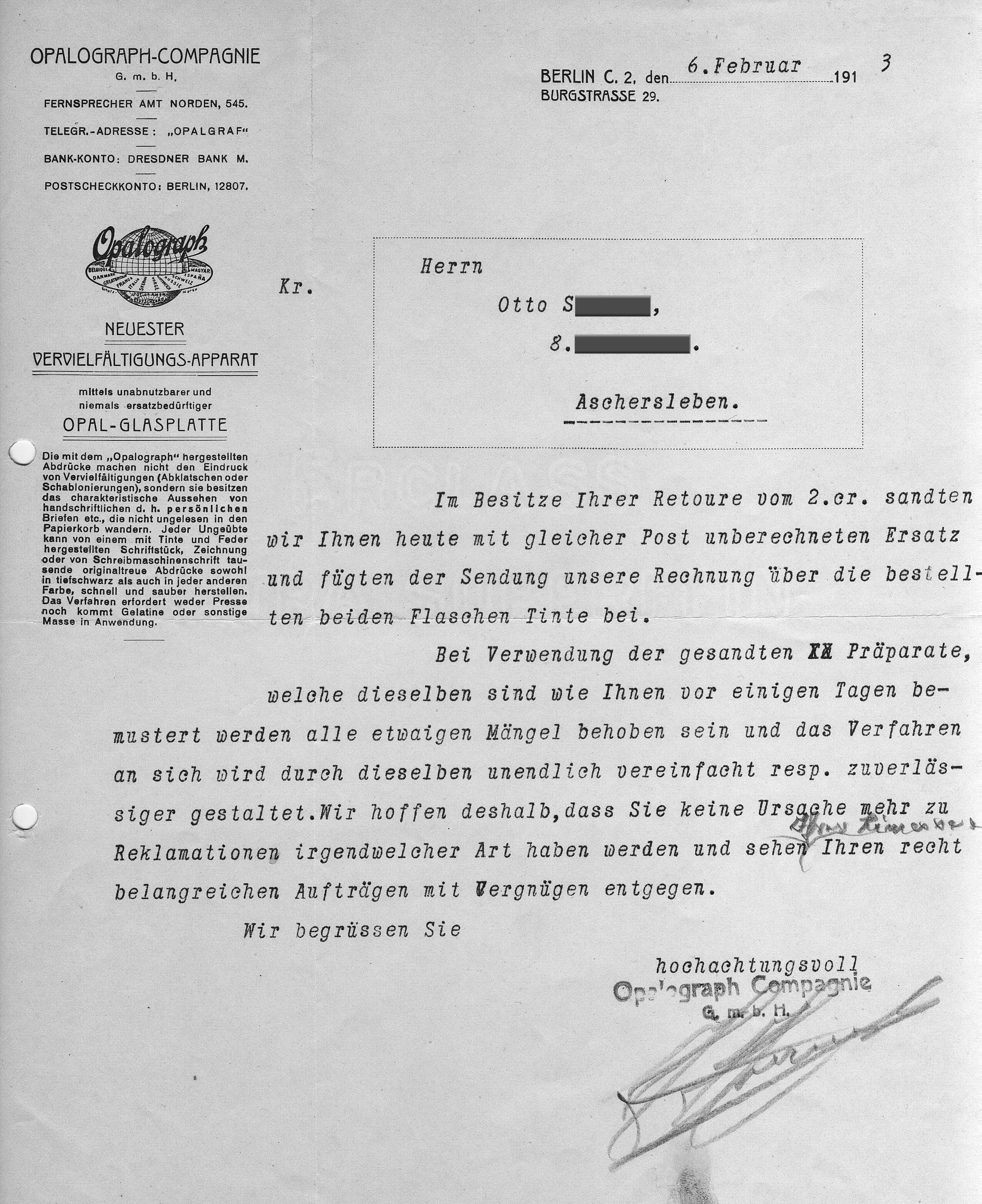 Kundenreklamation gerichtet an OPALOGRAPH COMPAGNIE vom 6.2.1913, gelie-ferter Chemikalien zur Vervielfältigung, Privatbesitz