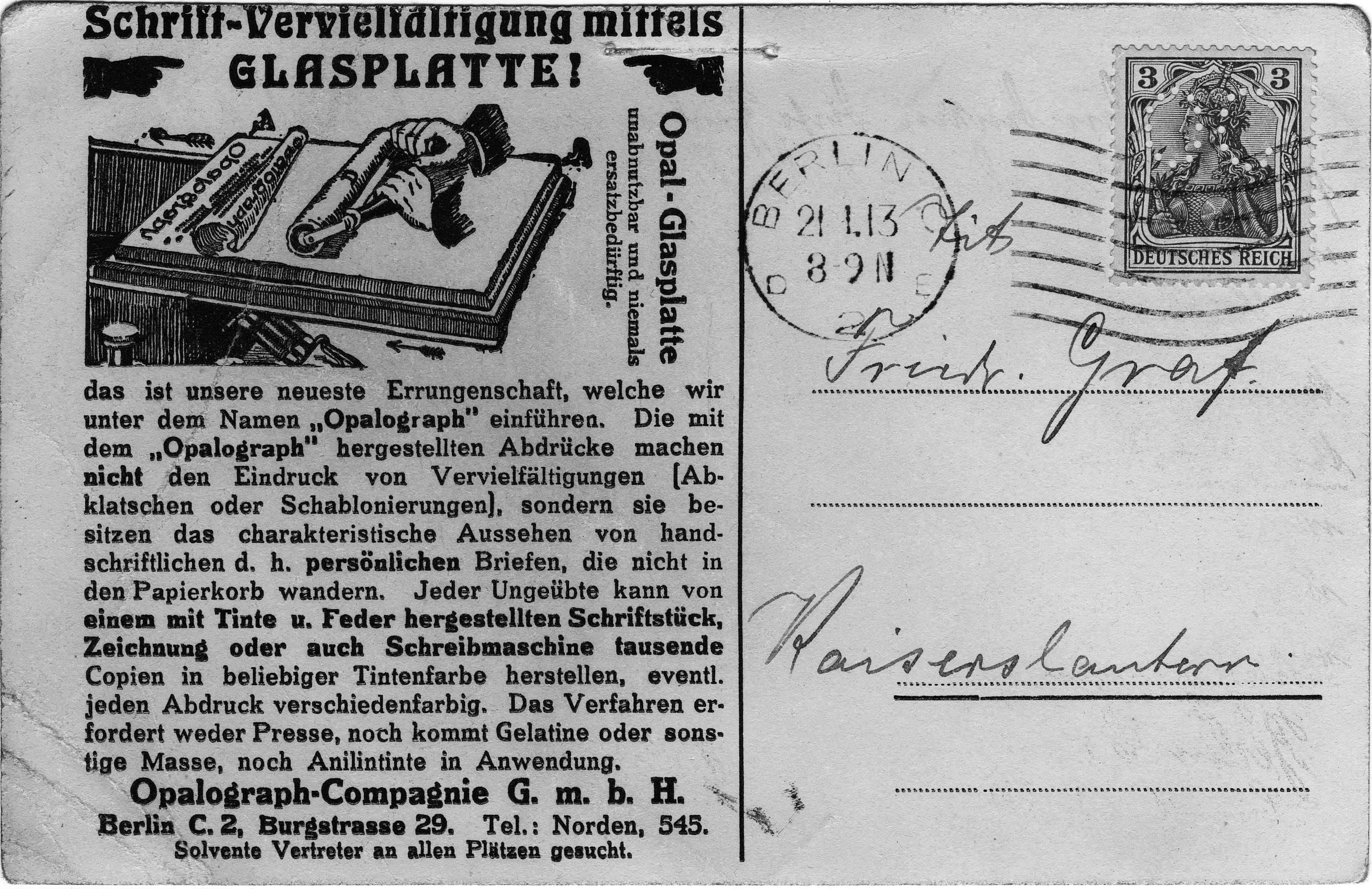 Opalograph Werbeangebot, Postkarte gelaufen 21.1.1913 Privatbesitz