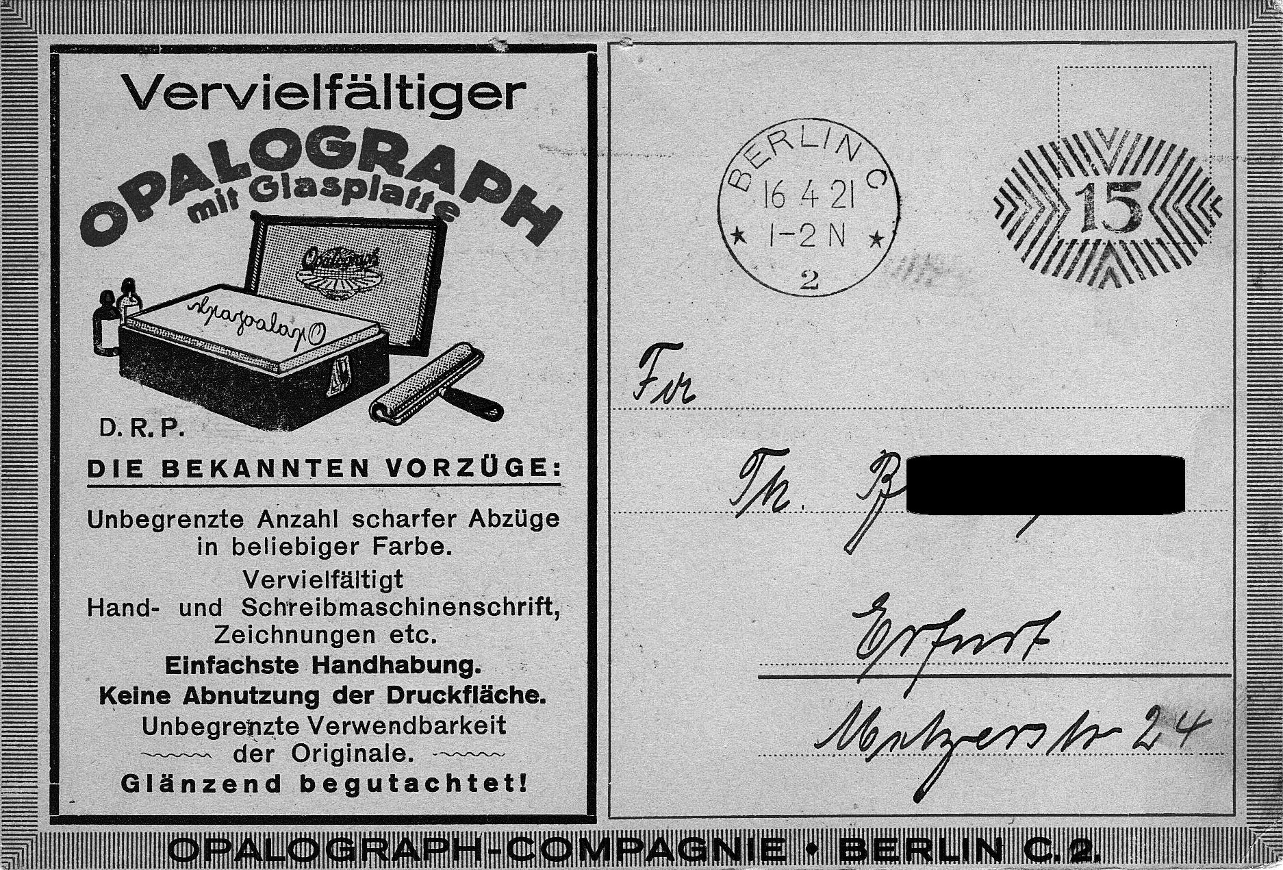 Opalograph Werbeangebot, Postkarte gelaufen 16.4.1921 Privatbesitz