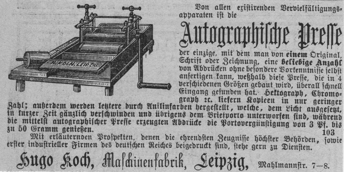 Werbeannonce von 1879, nennt explizit die Schwäche des Hektographen, Privatbesitz