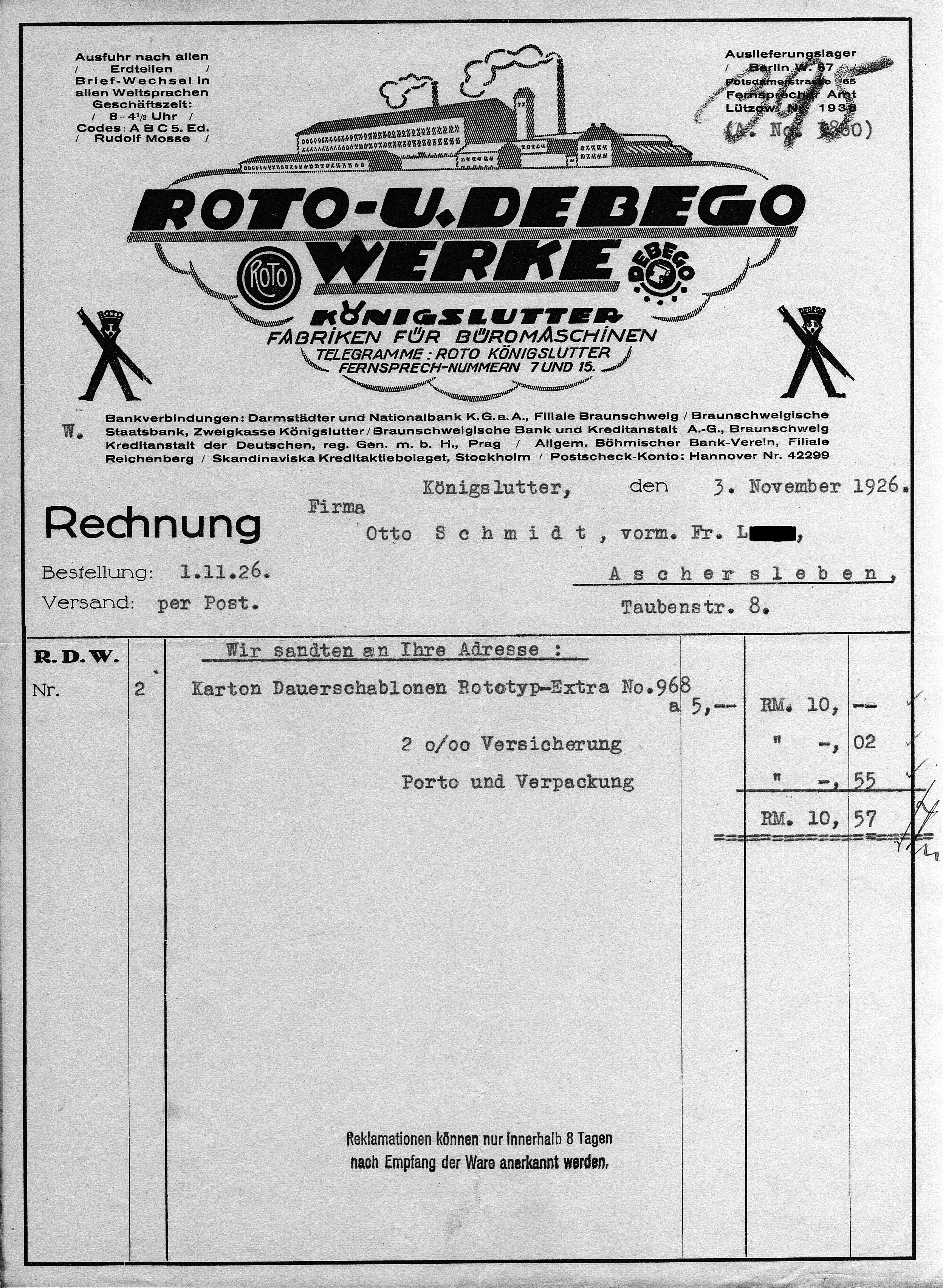 Vergleichs-Rechnung der ROTO-Werke vom 3.11.1926, 2 Karton Schablonen, eine Ein-heit 10 Stück kosten à 50 Pf. Privatbesitz