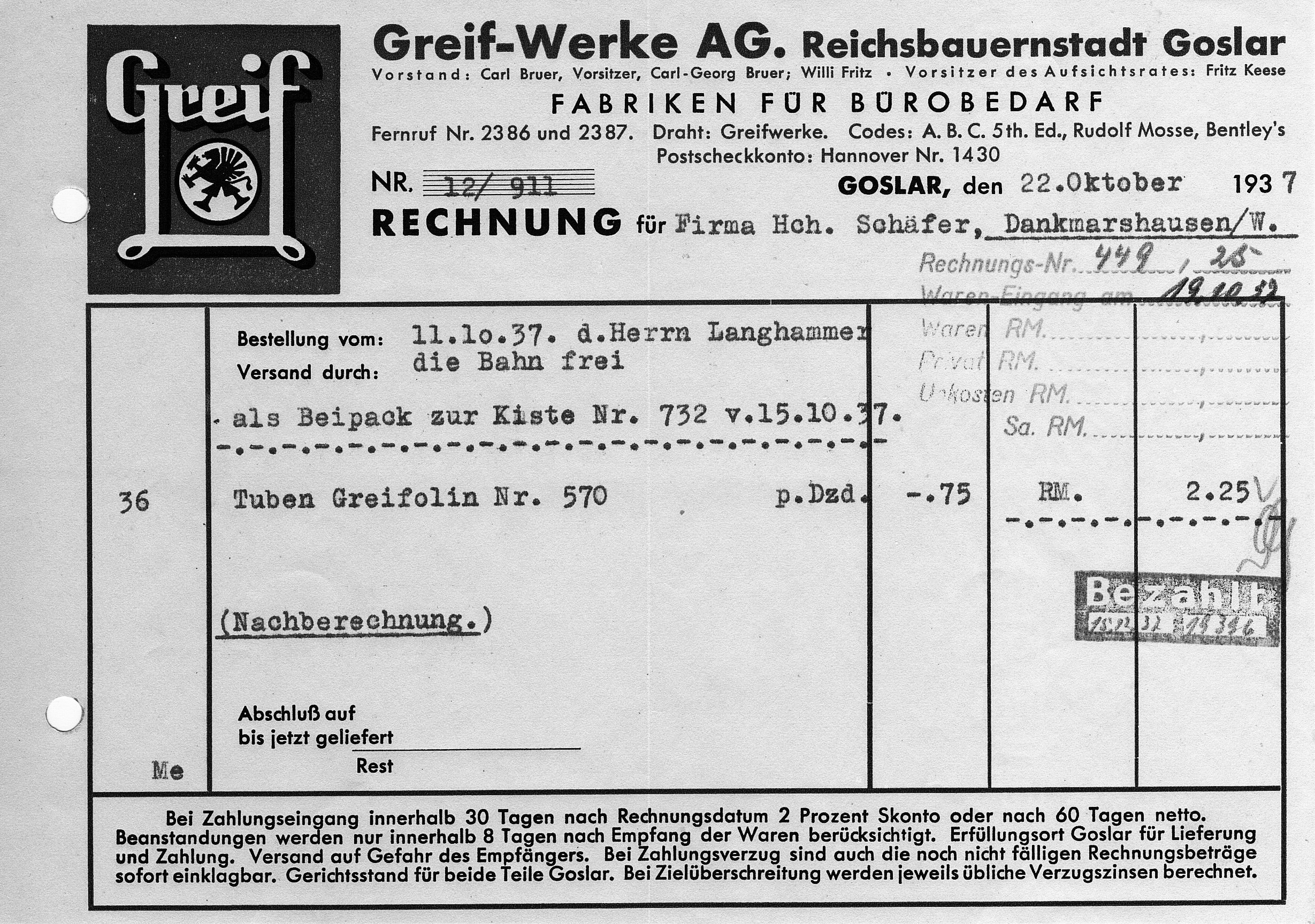 Vergleichs-Rechnung Greif-Werke AG vom 22.10.1937, Kauf von 3 Tuben Greifolin-Vervielfältigungsfarbe 2,75.- RM, Stückpreis 75 Pf., Privatbesitz