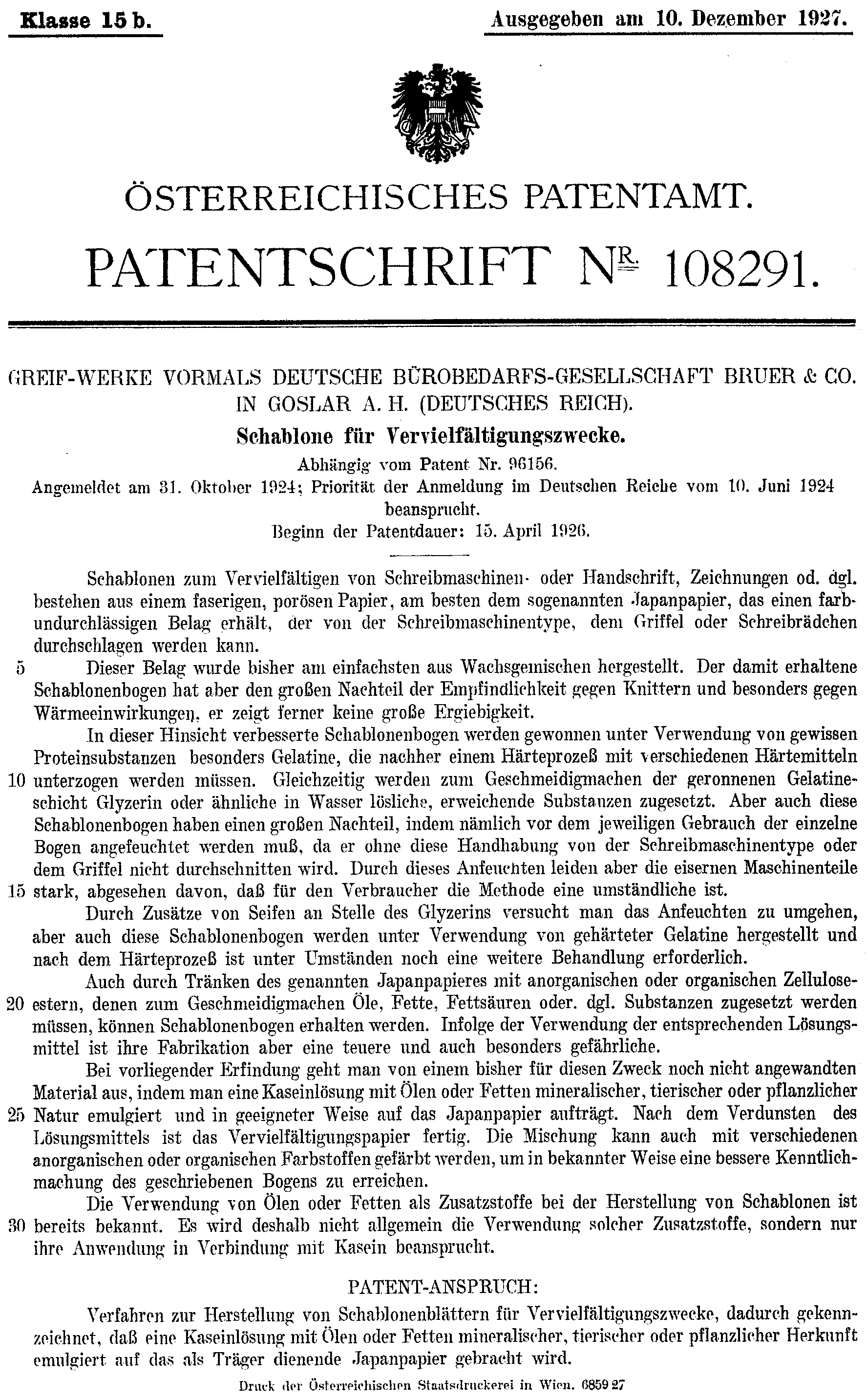 Schablone Greif-Werke, Patent DEX108291B (AT108291), Deutsches Patent- und Markenamt, Europäisches Patentamt