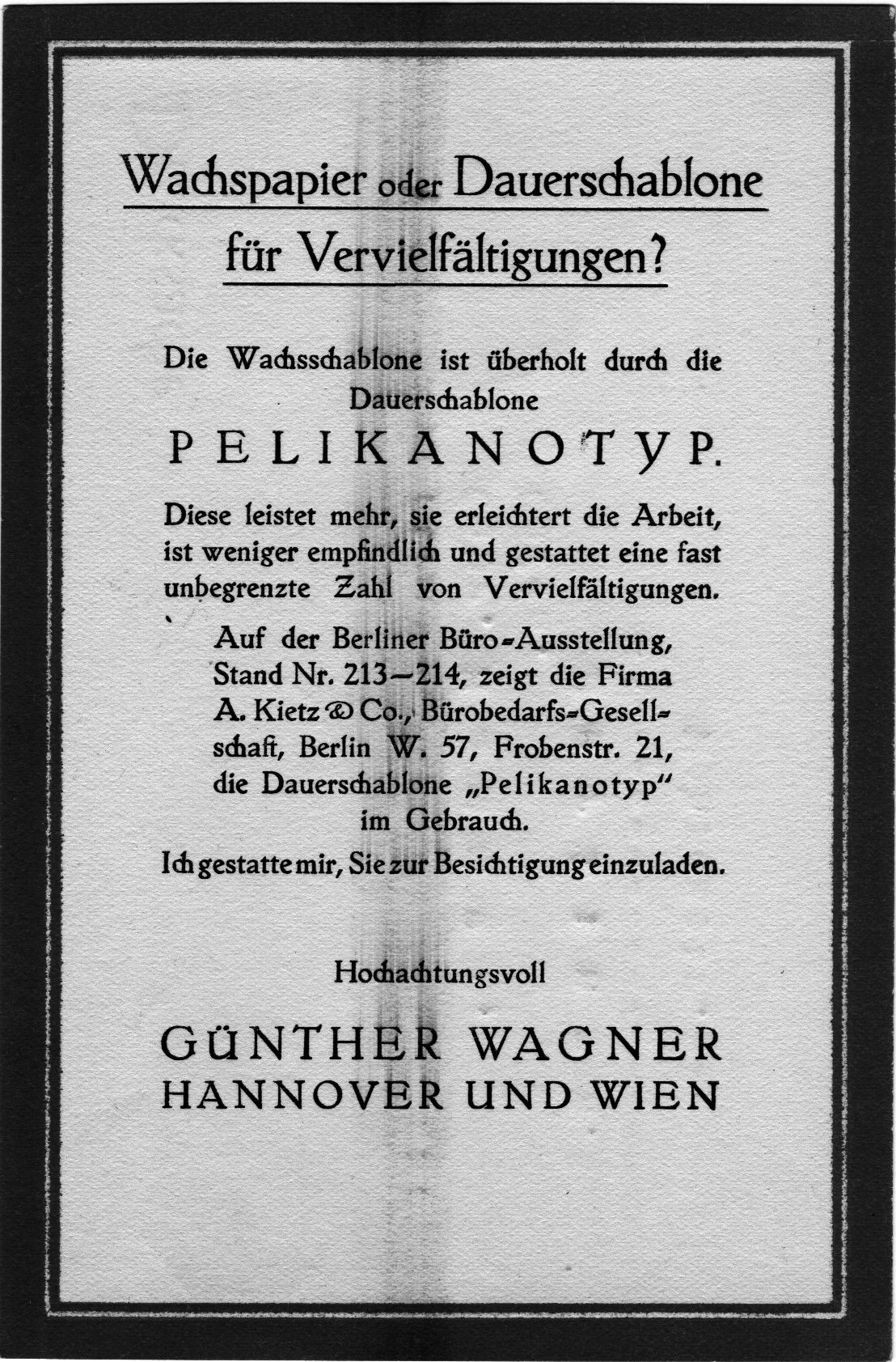 Mitbewerber Günther Wagner-Werke Hannover über Wachspapier und Dauerschablone vom 1.5.1925, Privatbesitz