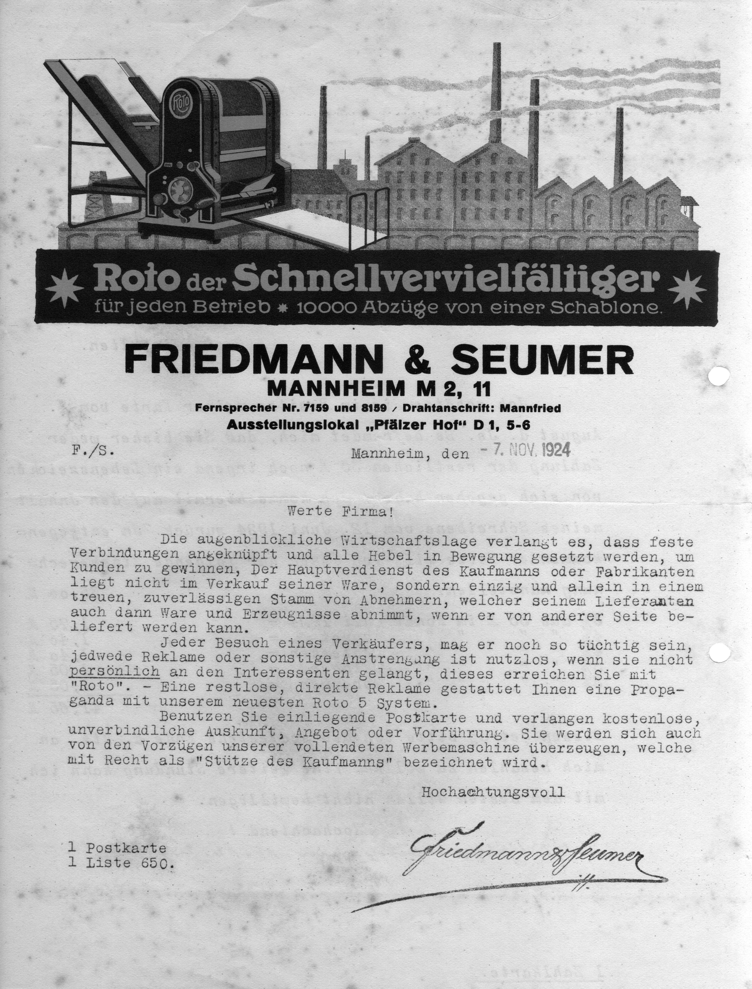 ROTO-Werbebrief der Firma FRIEDMANN & SEUMER aus Mannheim, vom 7. November 1924 – 10000 Abzüge von einer Schablone