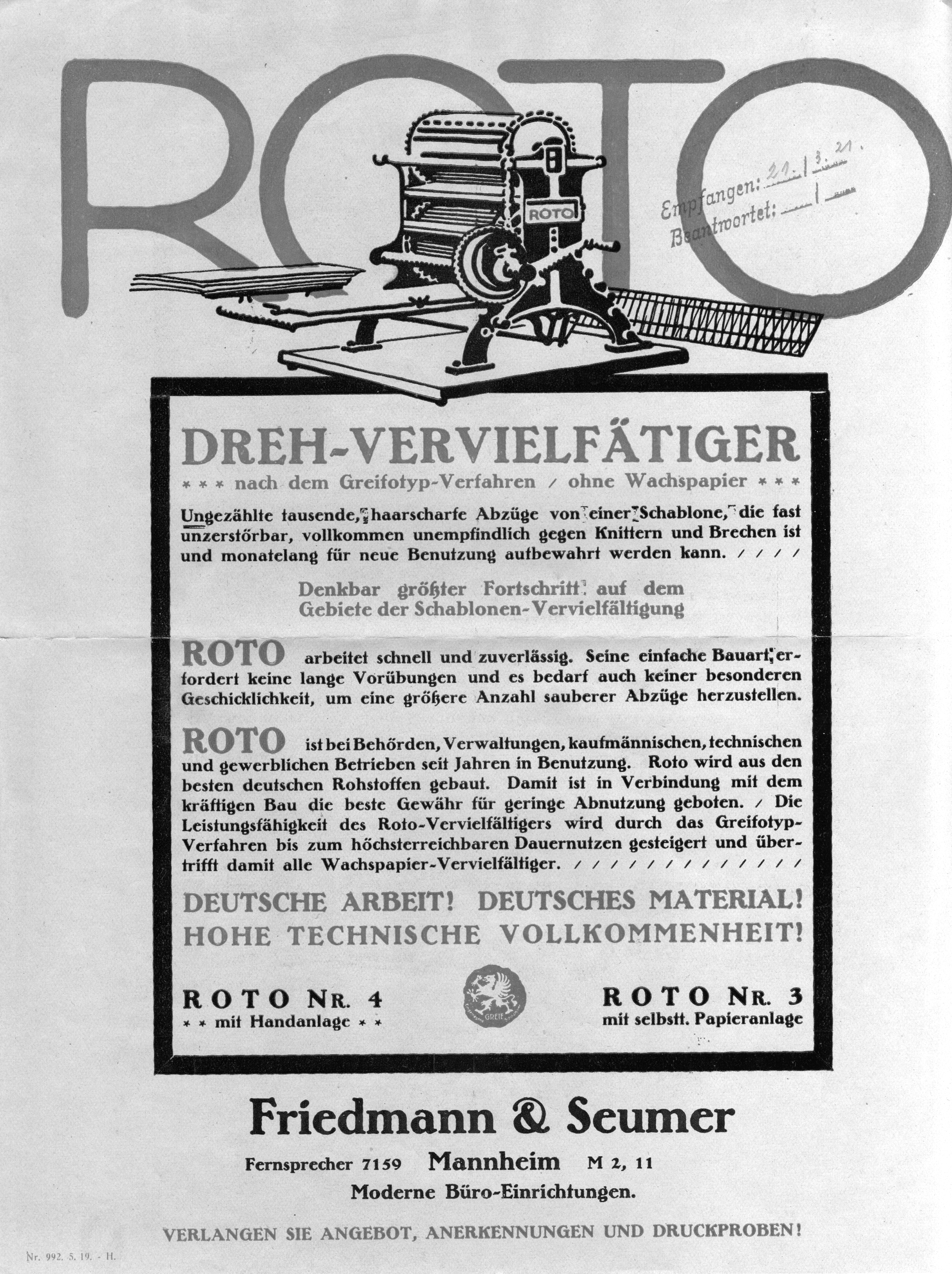 Werbeschrift vom 21. März 1921, ROTO-Vertriebspartner Friedmann & Seumer Mannheim