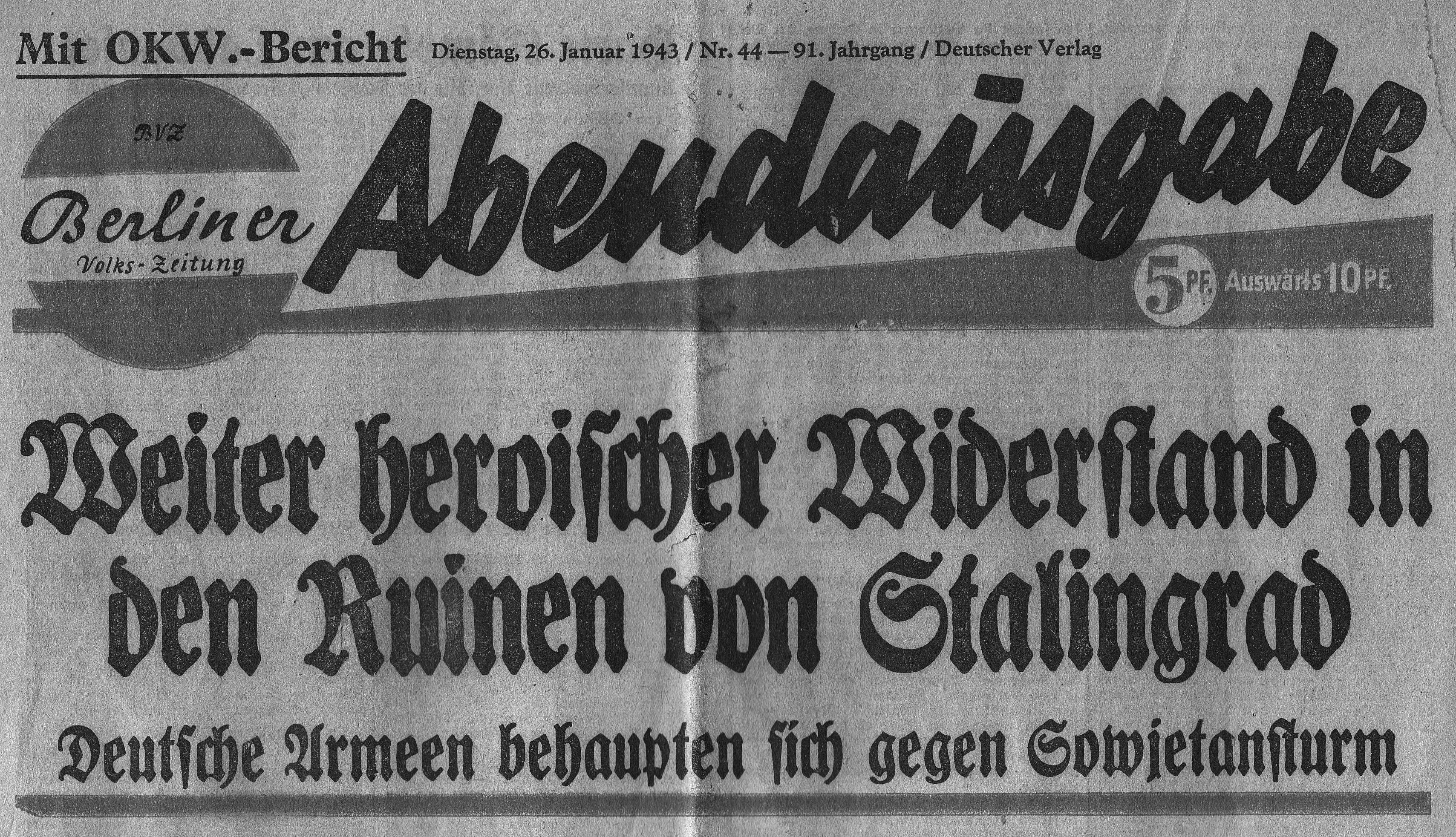 Berliner Volks-Zeitung vom 26.1.1943 zur Ostfrontlage, Privatbesitz