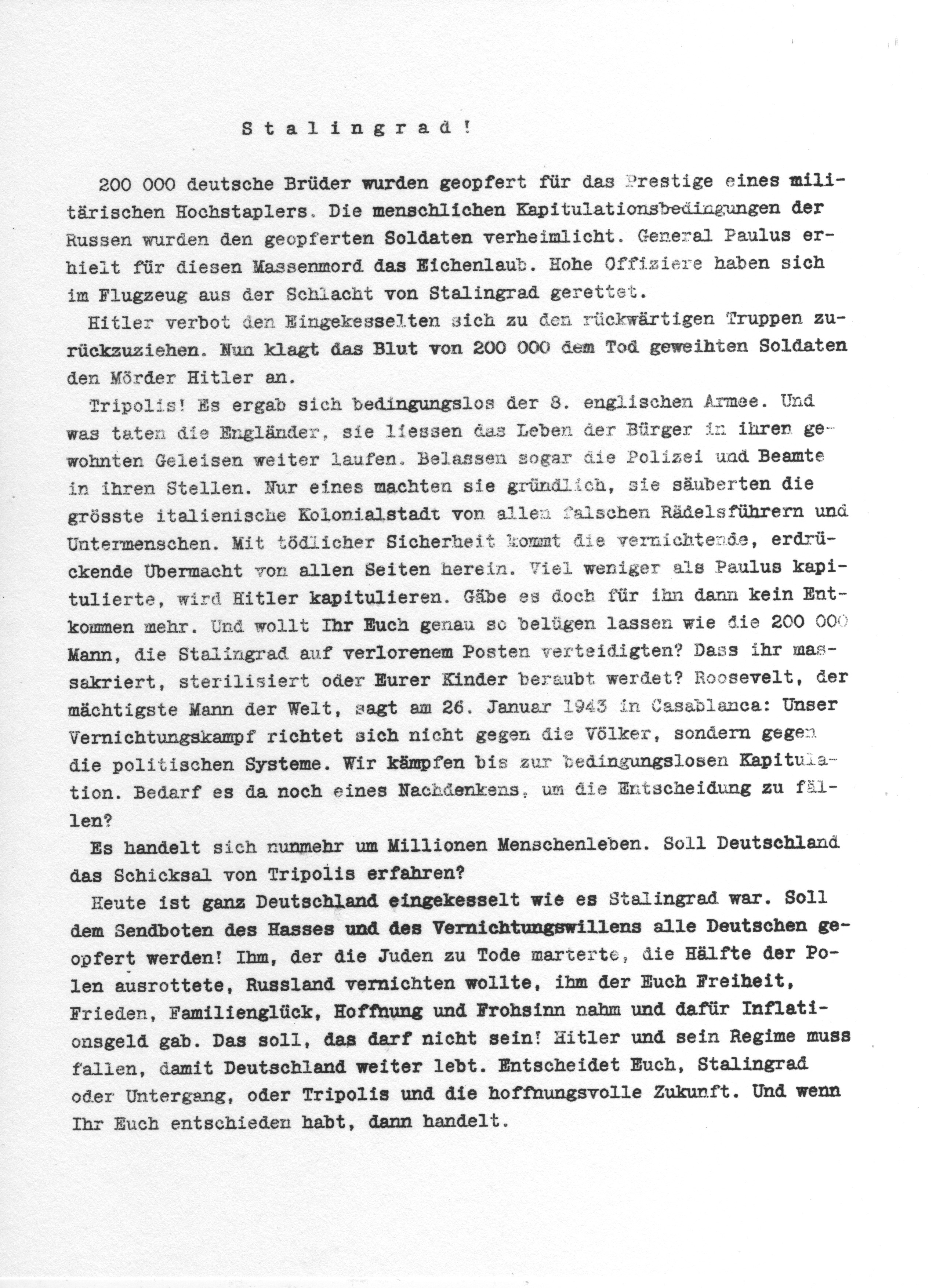 Weisse Rose - Entwurf Flugblatt VII