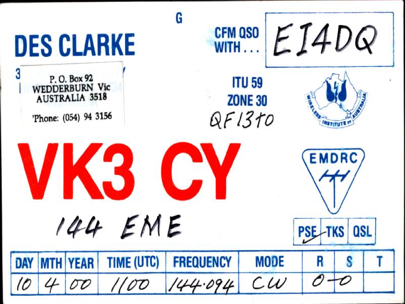 VK3CY's QSL card confirming the First ever contact between EI and VK on 144 MHz