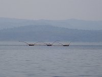  Unique fishing technique I spotted on the lake Kivu, Eastern Congo. Three boats are attached in a line forming kind of  trimaran. Fishing net is stretched between six long wooden poles, three on each side of boats.  The rest is a question of dodginess of the crue equilibrating from one boat to another.
