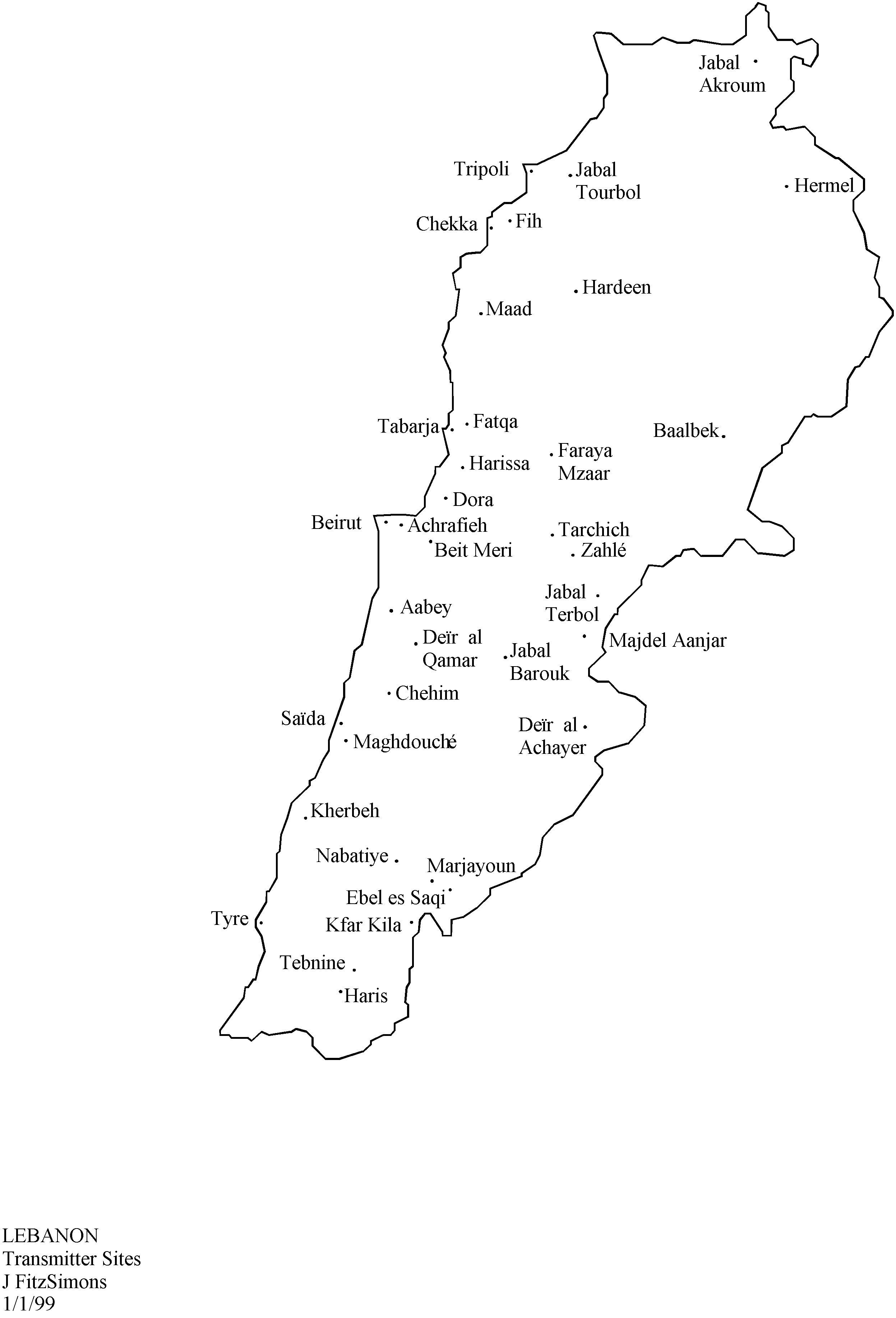 A map of transmitter locations in Lebanon