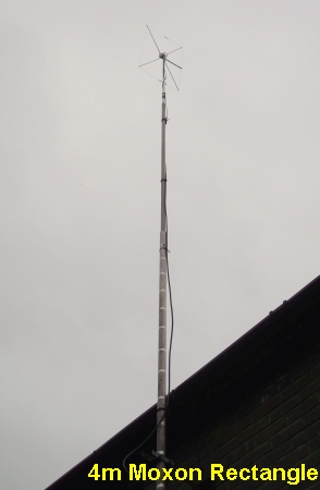 A lightweight Moxon Rectangle for 4m, made from wire supported by kite-spars. It can be mounted for either vertical or horizontal polarisation