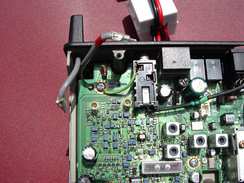 Fig.1: IC-703 Main Board, showing new key jack ground wire. Photo copyright Dietmar Fichter VE3CG.