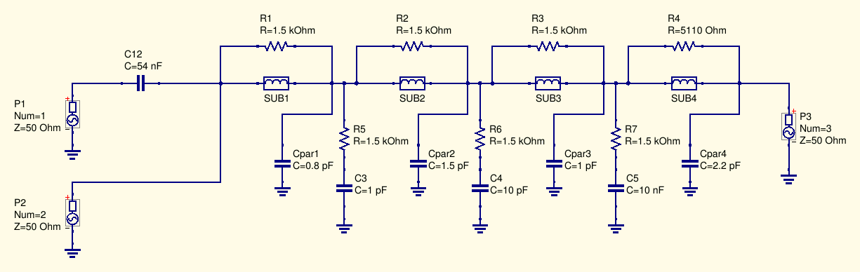 WB9JPS Bias Tee schematic with measured inductors data and parasitic capacitances